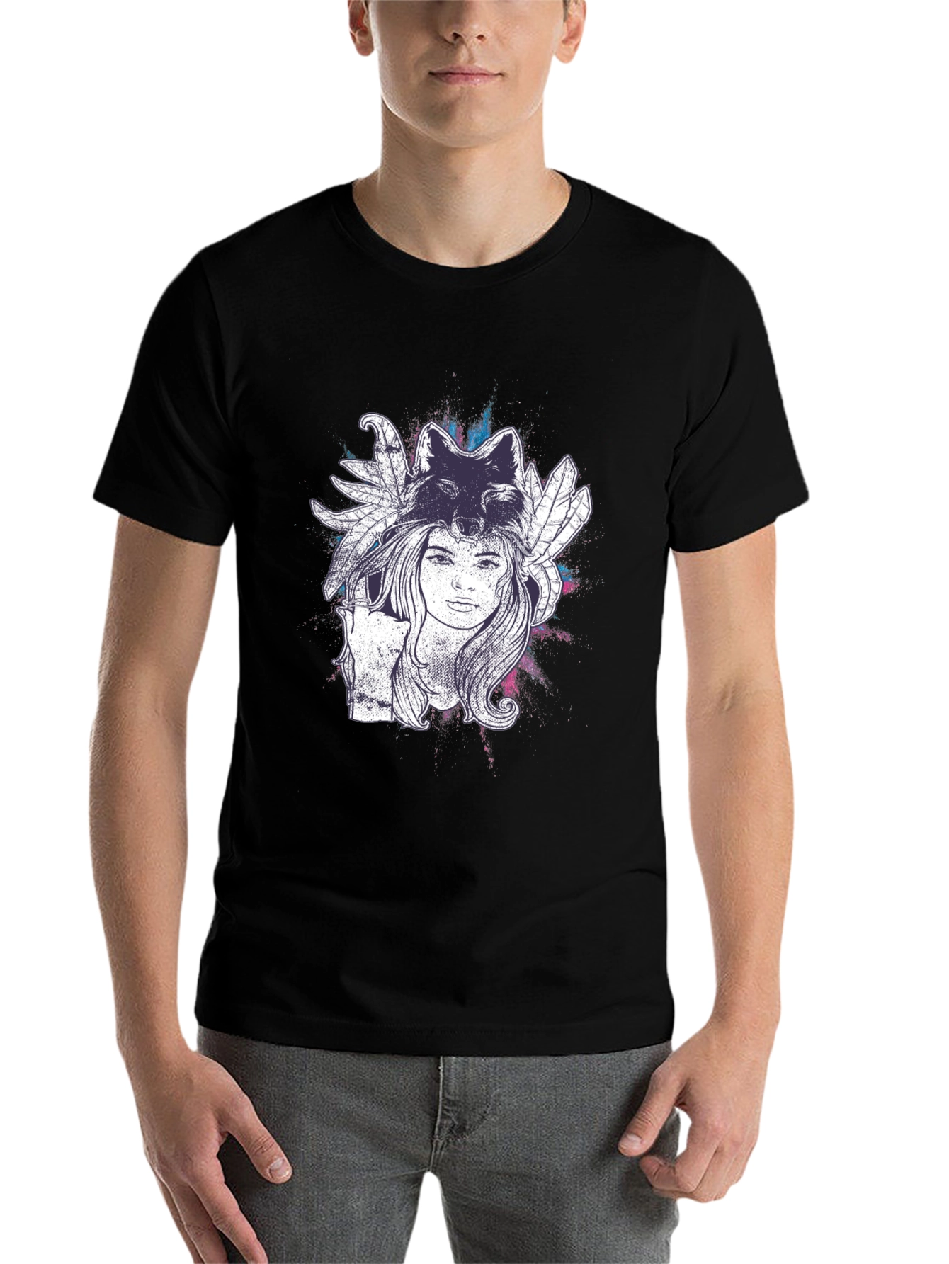 Black Wolf Spirit Graphic Tee - Black Cotton T-Shirt view 7