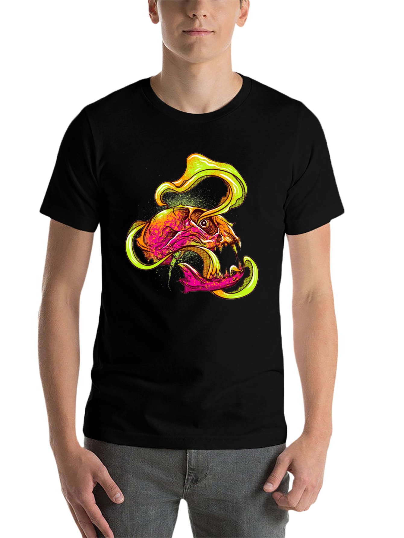 Black Skull Graphic Print T-Shirt - Vivid Neon Design view 7