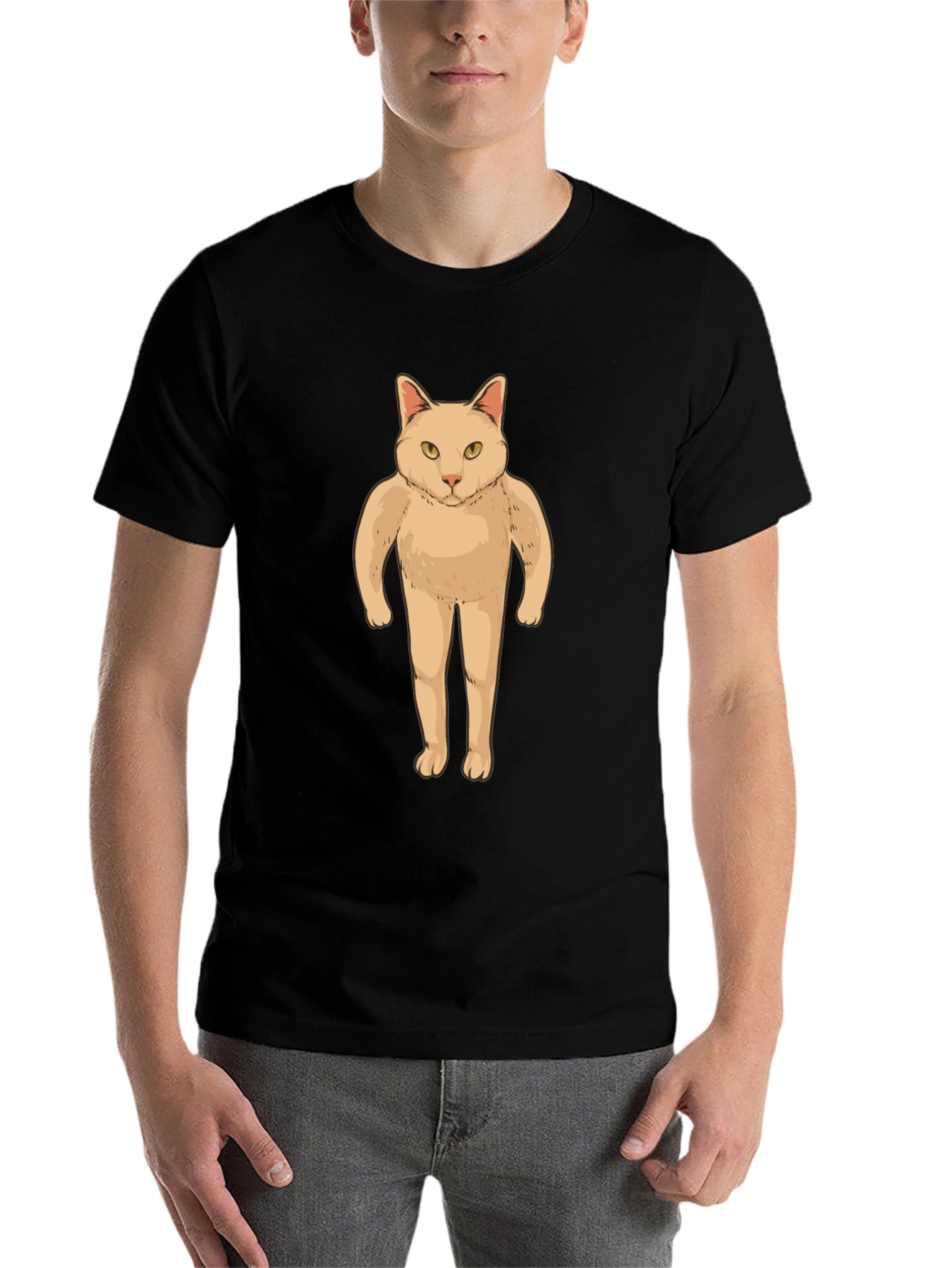 Black Funny Cat Man T-Shirt - Black Graphic Tee view 7