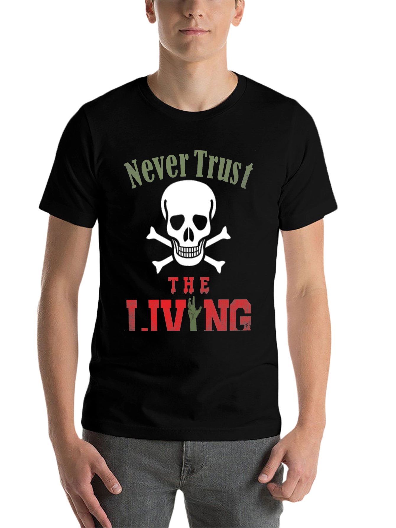 Black Never Trust the Living T-Shirt - Skull & Zombie Hand Design view 7