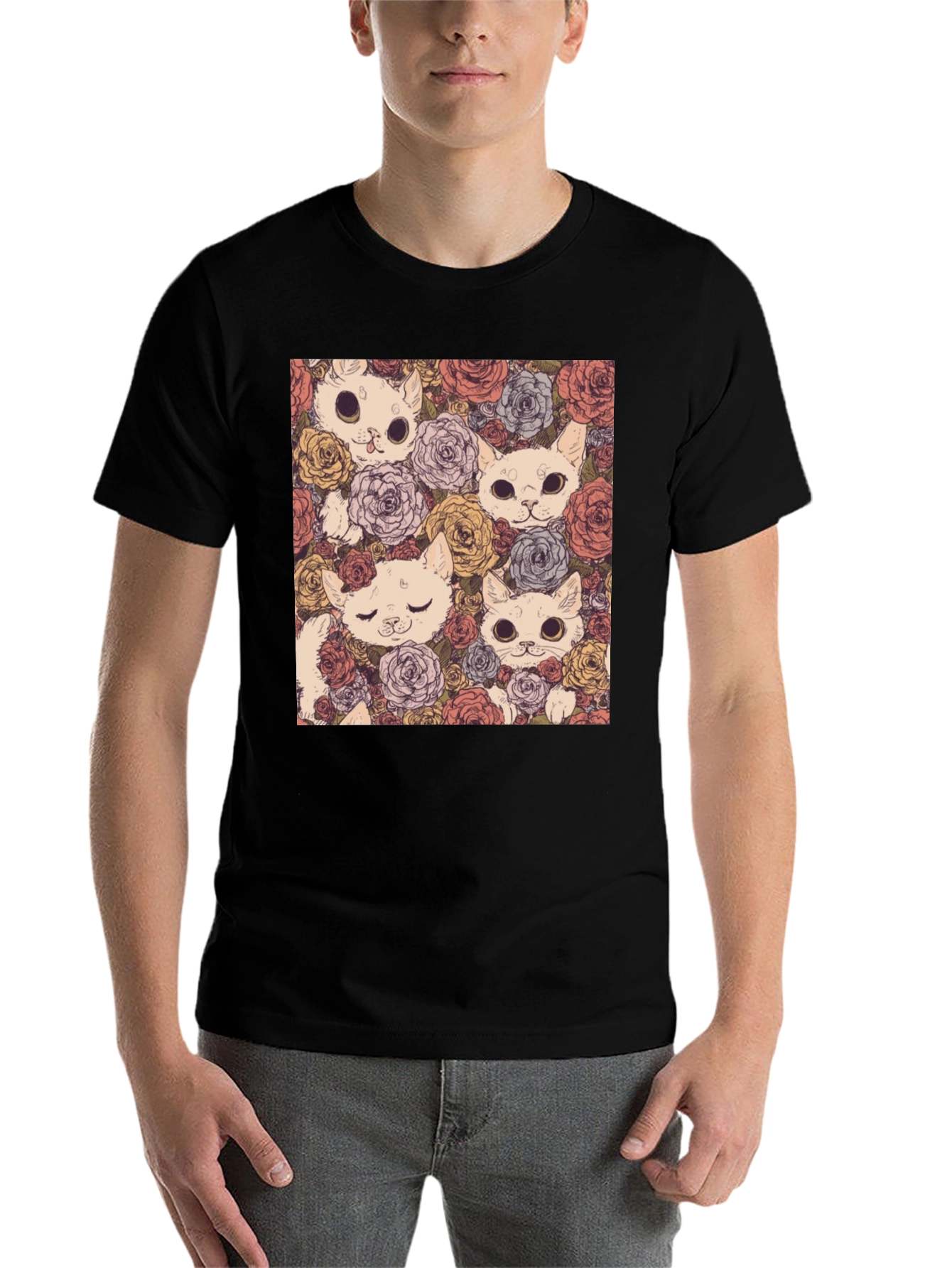 Black Floral Cat Print Black T-Shirt view 7