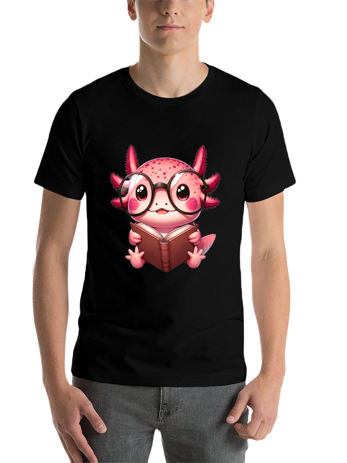Black Axolotl Reader T-Shirt - Cute Nerdy Axolotl Reading Book Tee view 7