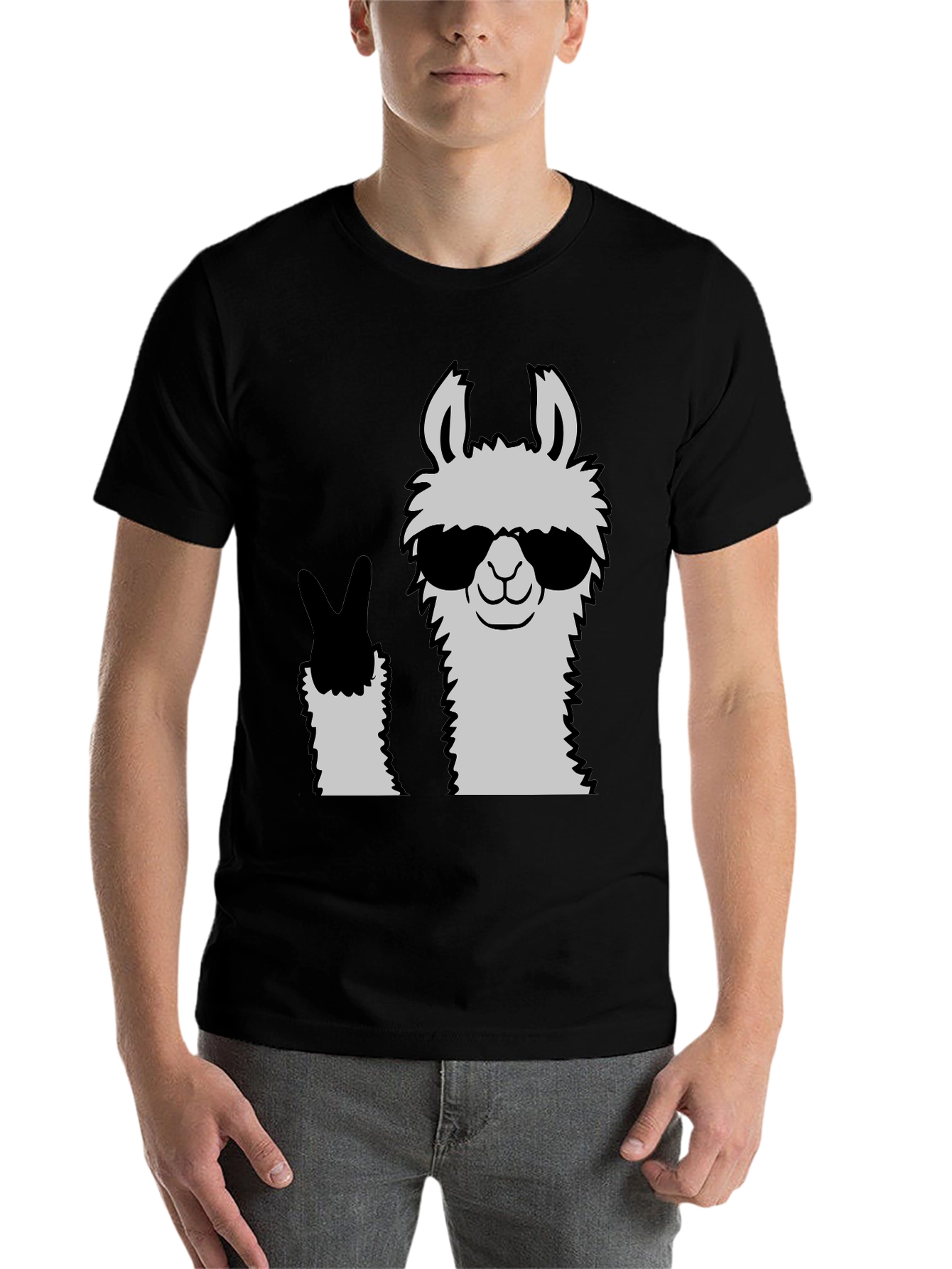Black Cool Llama Peace Sign Black T-Shirt view 7