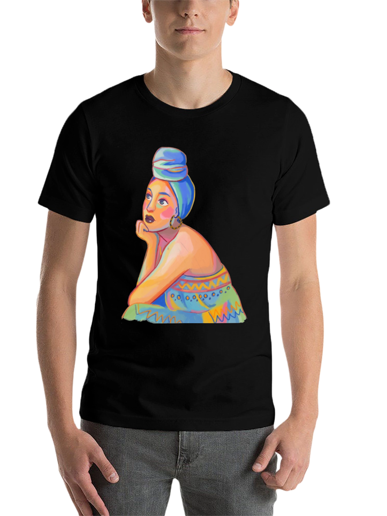 Black Vibrant Woman Portrait Graphic Tee - Stylish Black T-Shirt view 7