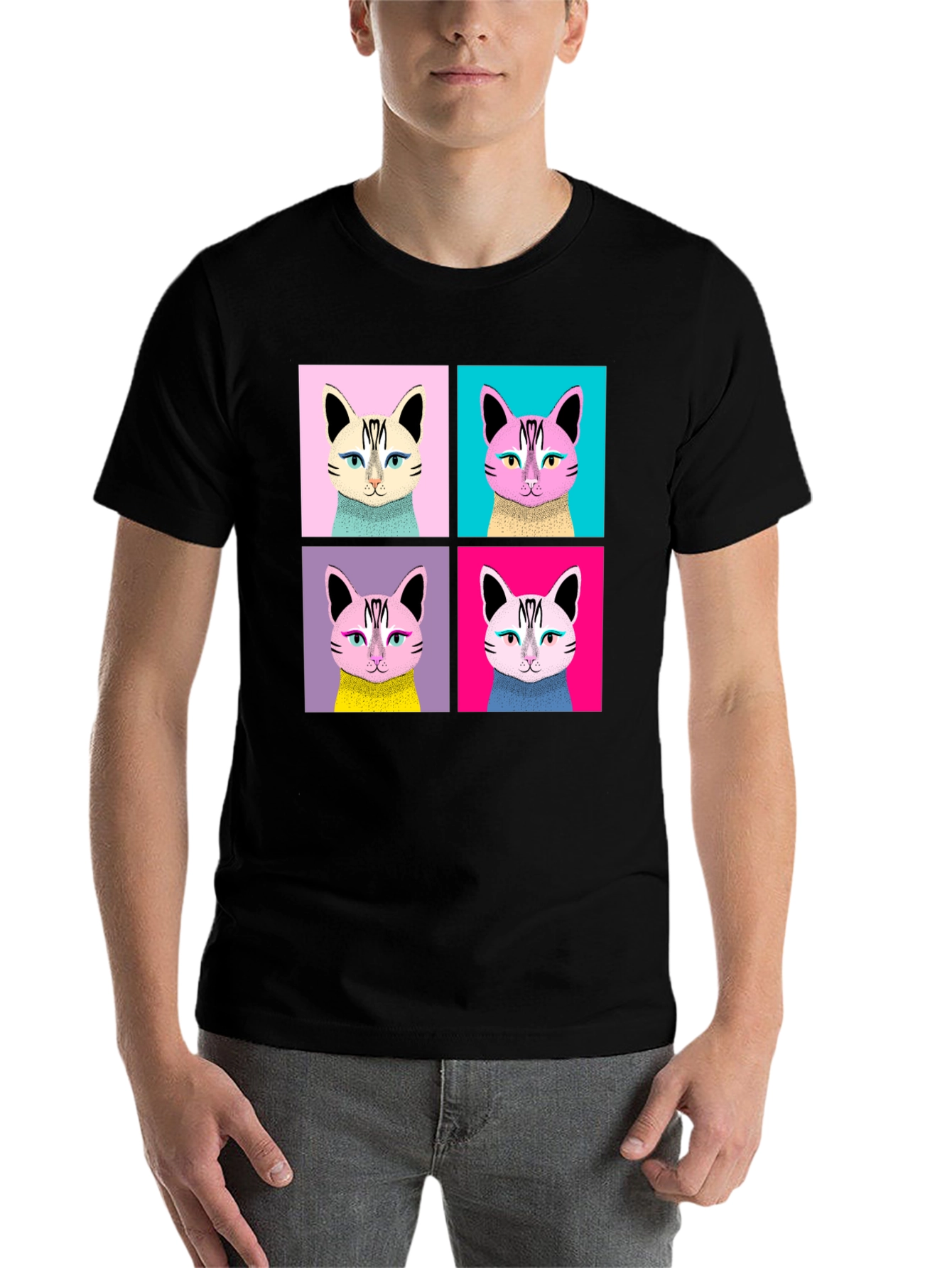 Black Pop Art Cat Graphic Black T-Shirt view 7