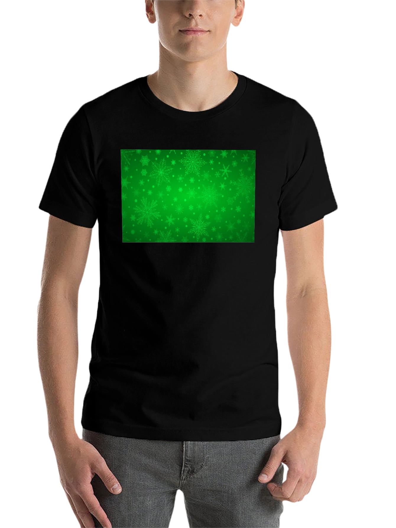 Black Green Snowflakes Pattern Black T-Shirt view 7