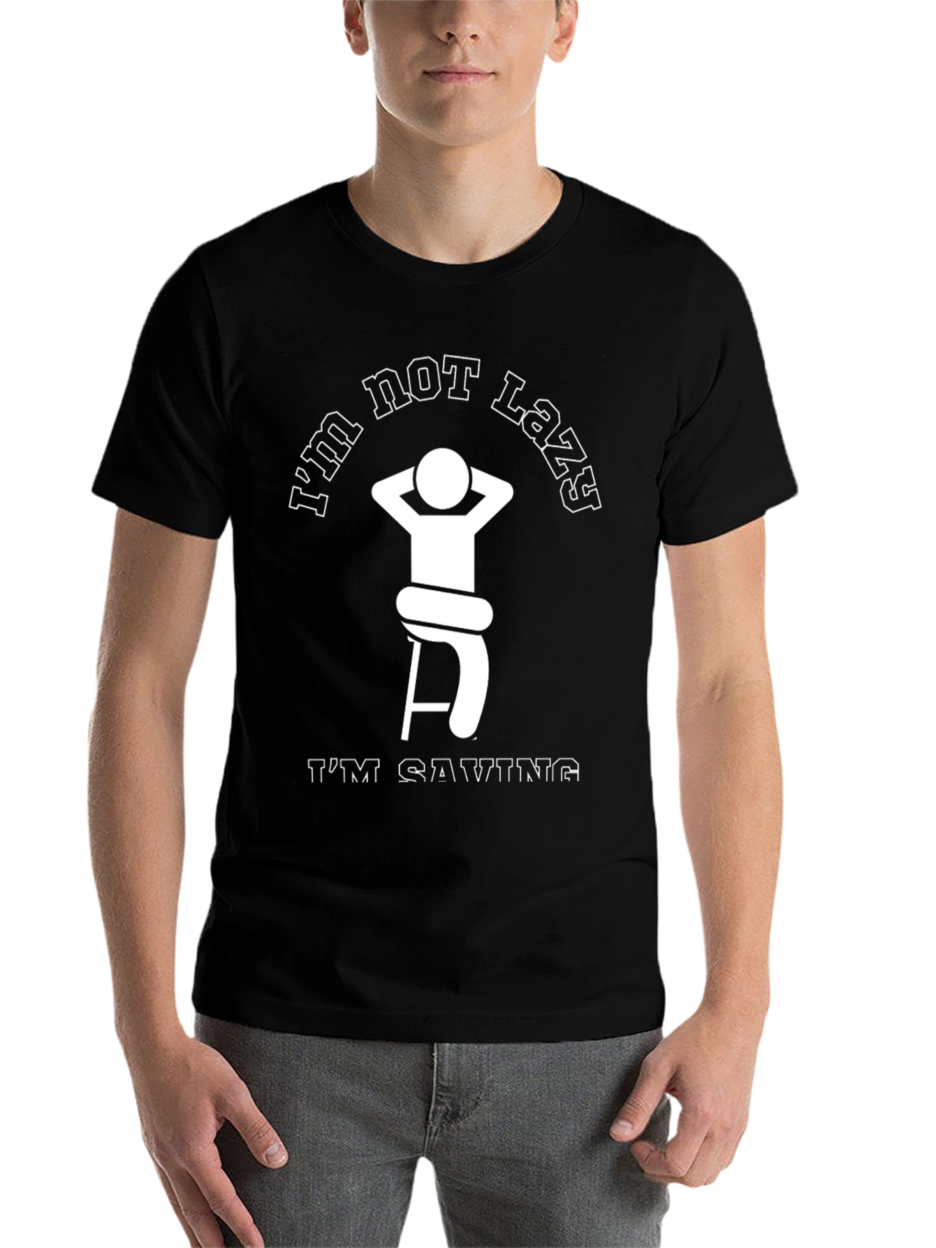 Black Funny Lazy Graphic Tee - Saving Energy T-Shirt view 7