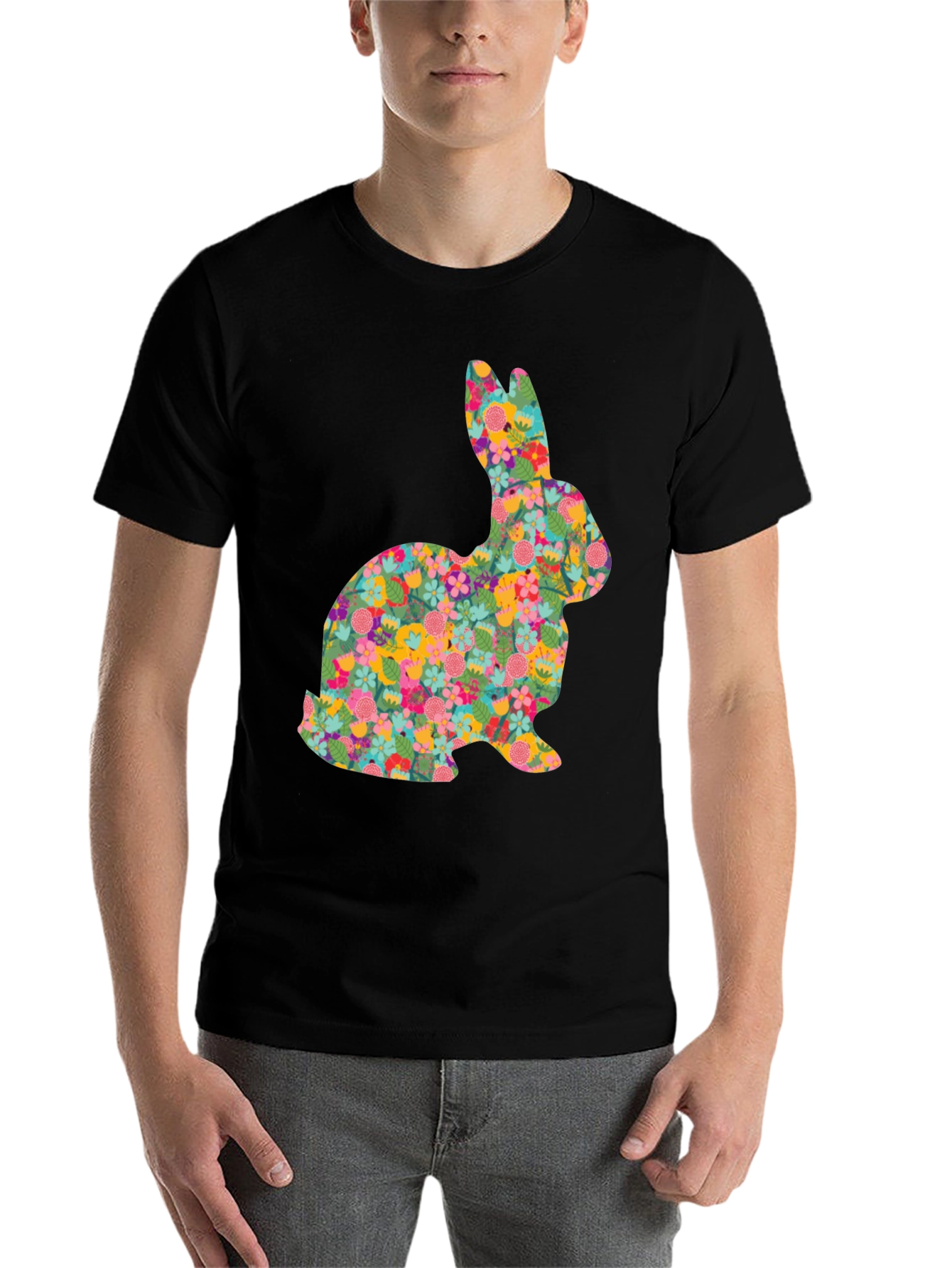Black Floral Bunny Graphic Tee - Black Cotton Casual Shirt view 7