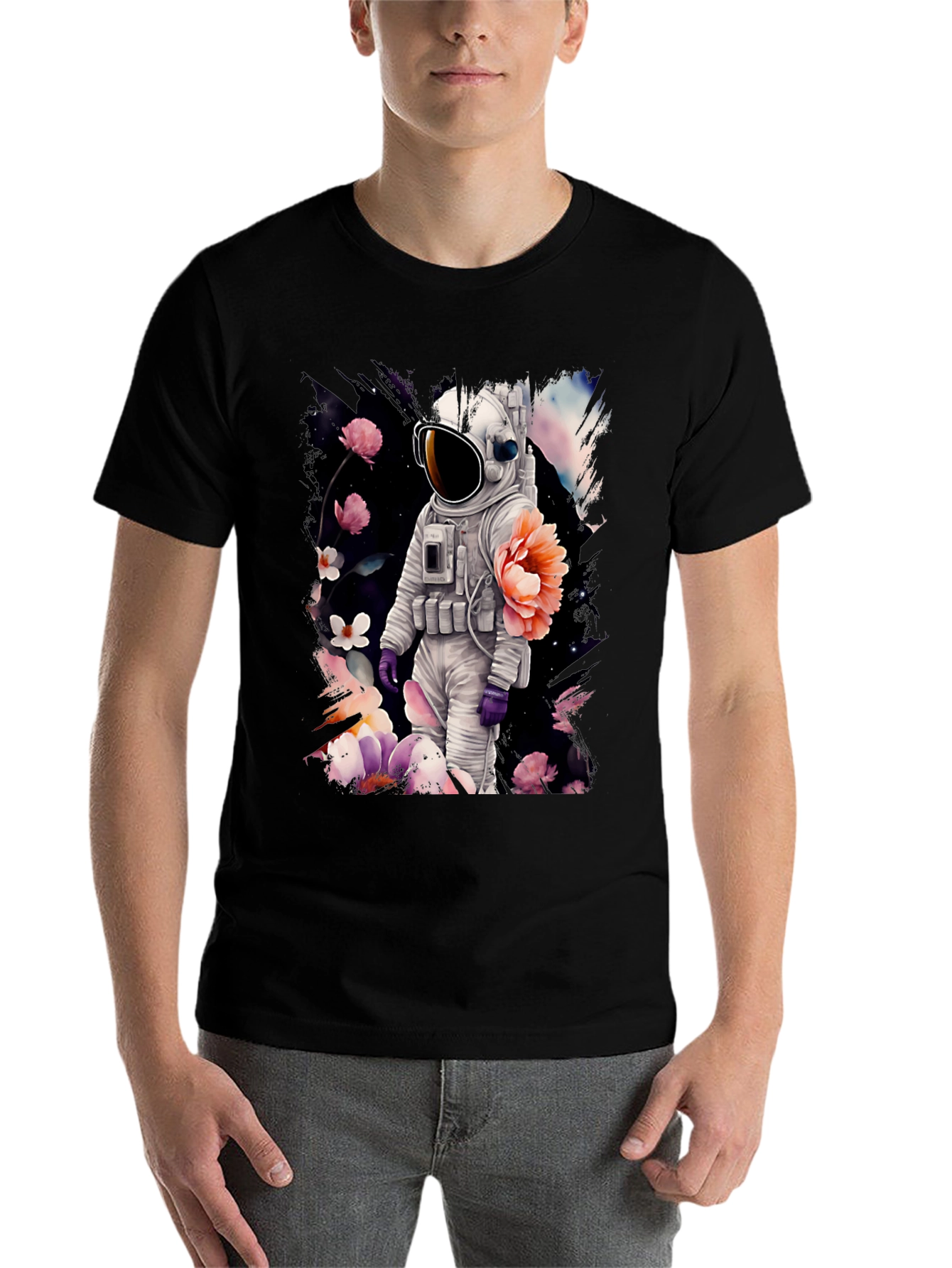 Black Astronaut Floral T-Shirt - Space & Nature Fusion view 7