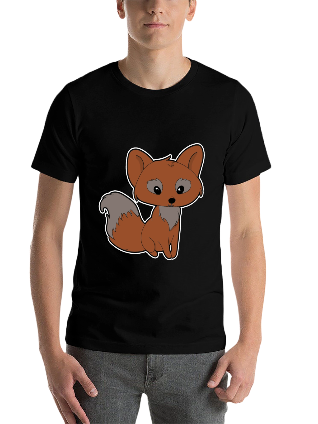 Black Cute Cartoon Fox Graphic Tee - Black Cotton Shirt view 7