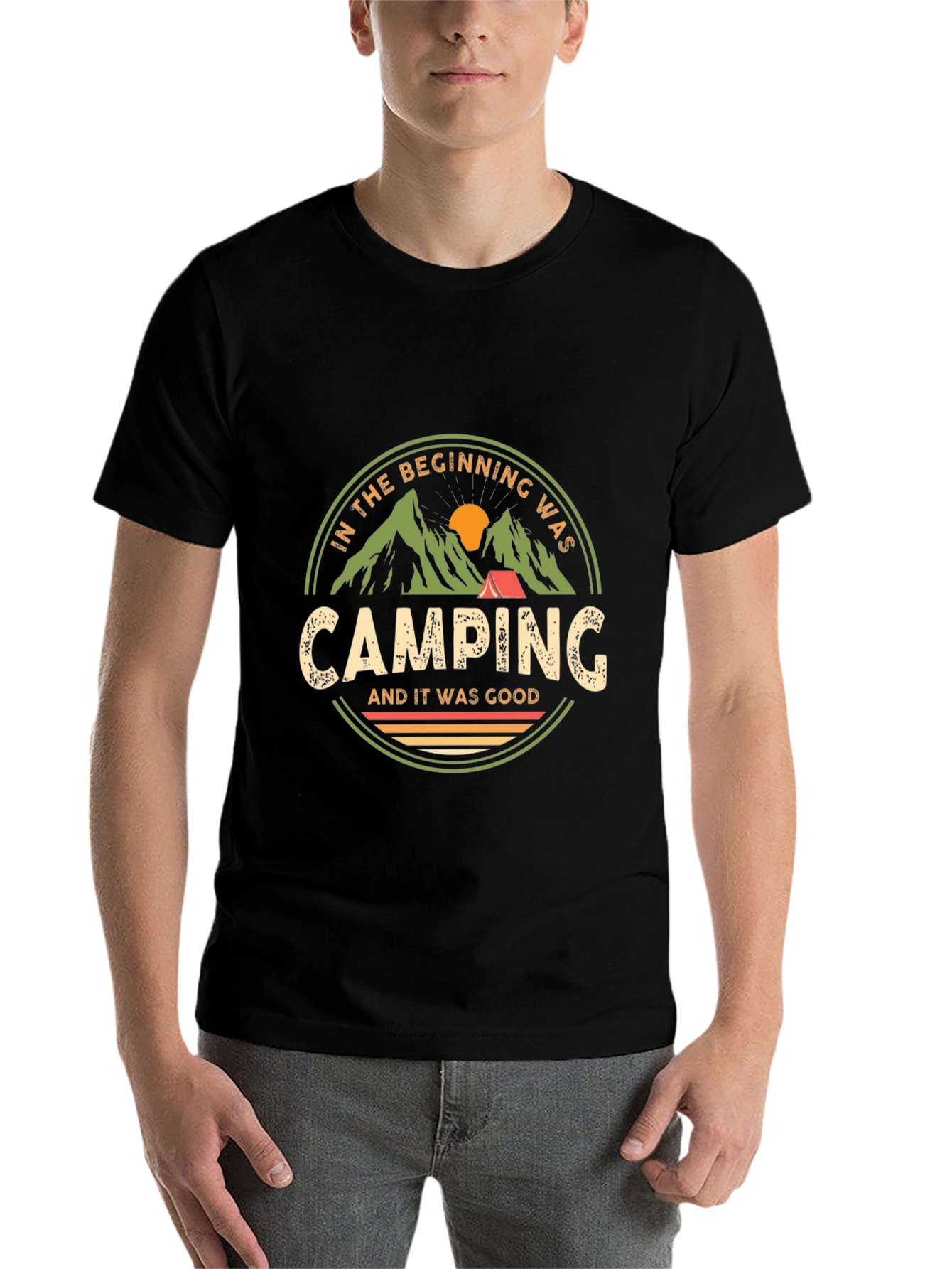 Black Camping T-Shirt: In The Beginning Was Camping view 7