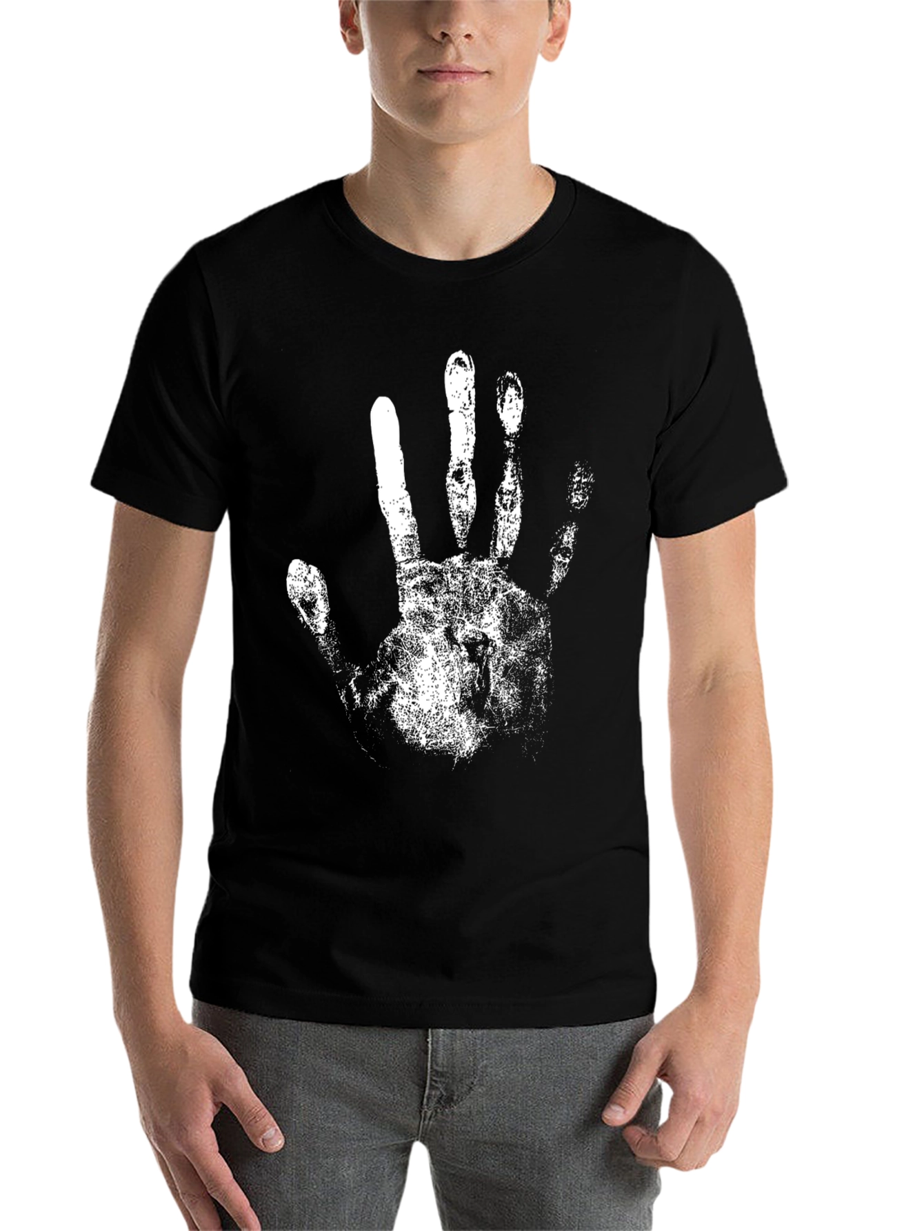 Black Black T-Shirt with White Handprint Design view 7