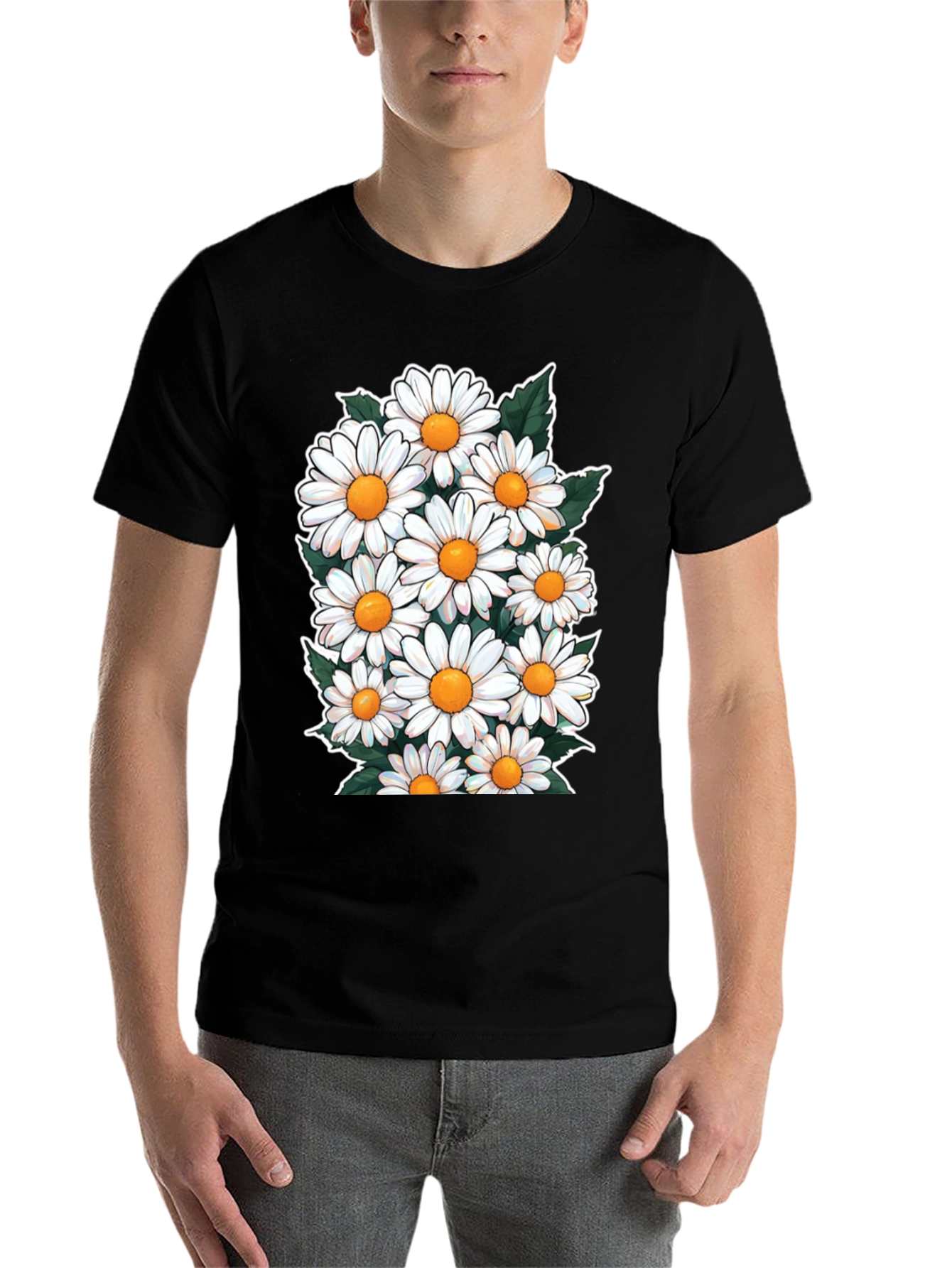 Black Daisy Flower Graphic T-Shirt - Floral Crew Neck Tee view 7