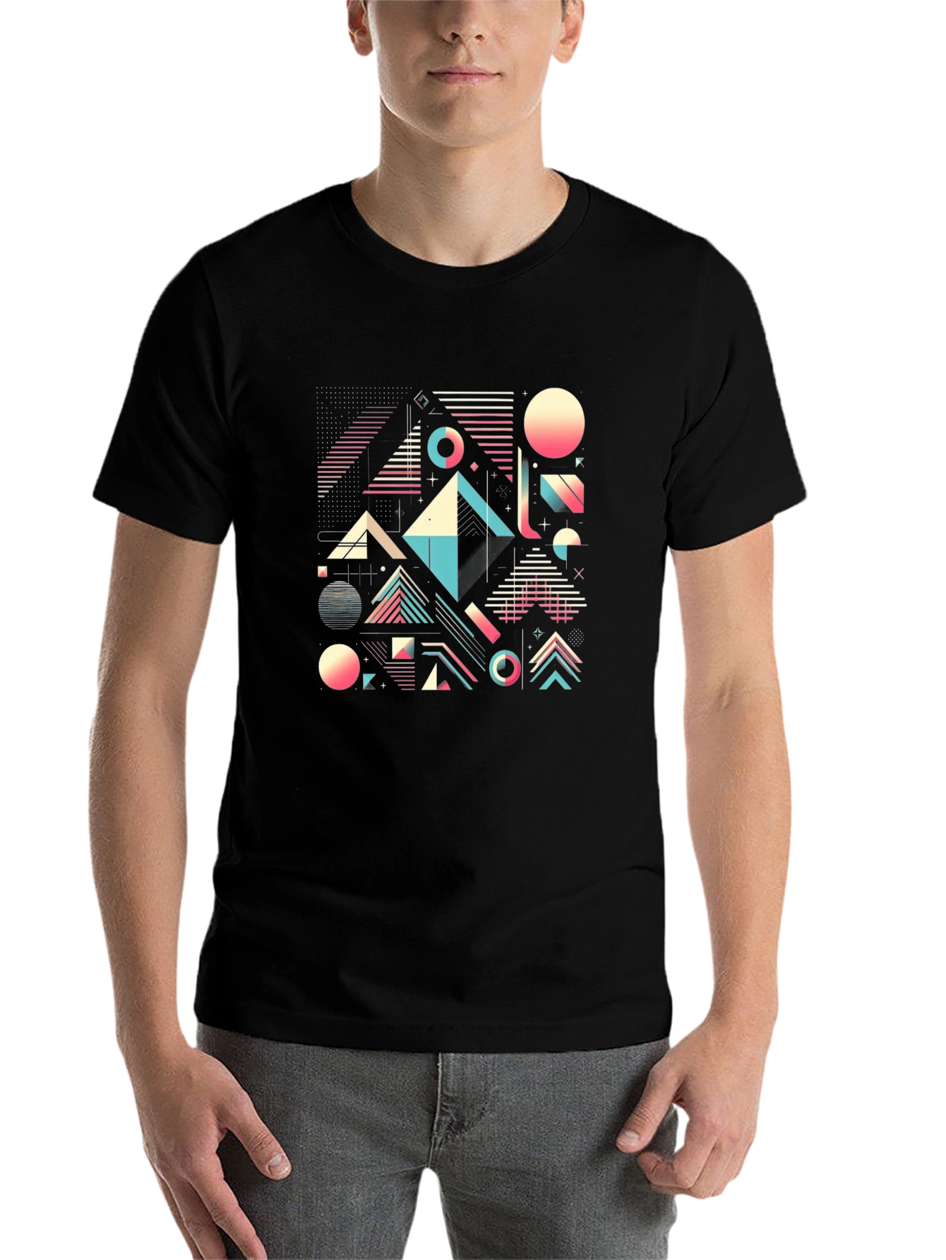 Black Geometric Retro T-Shirt - Abstract 80s Design view 7