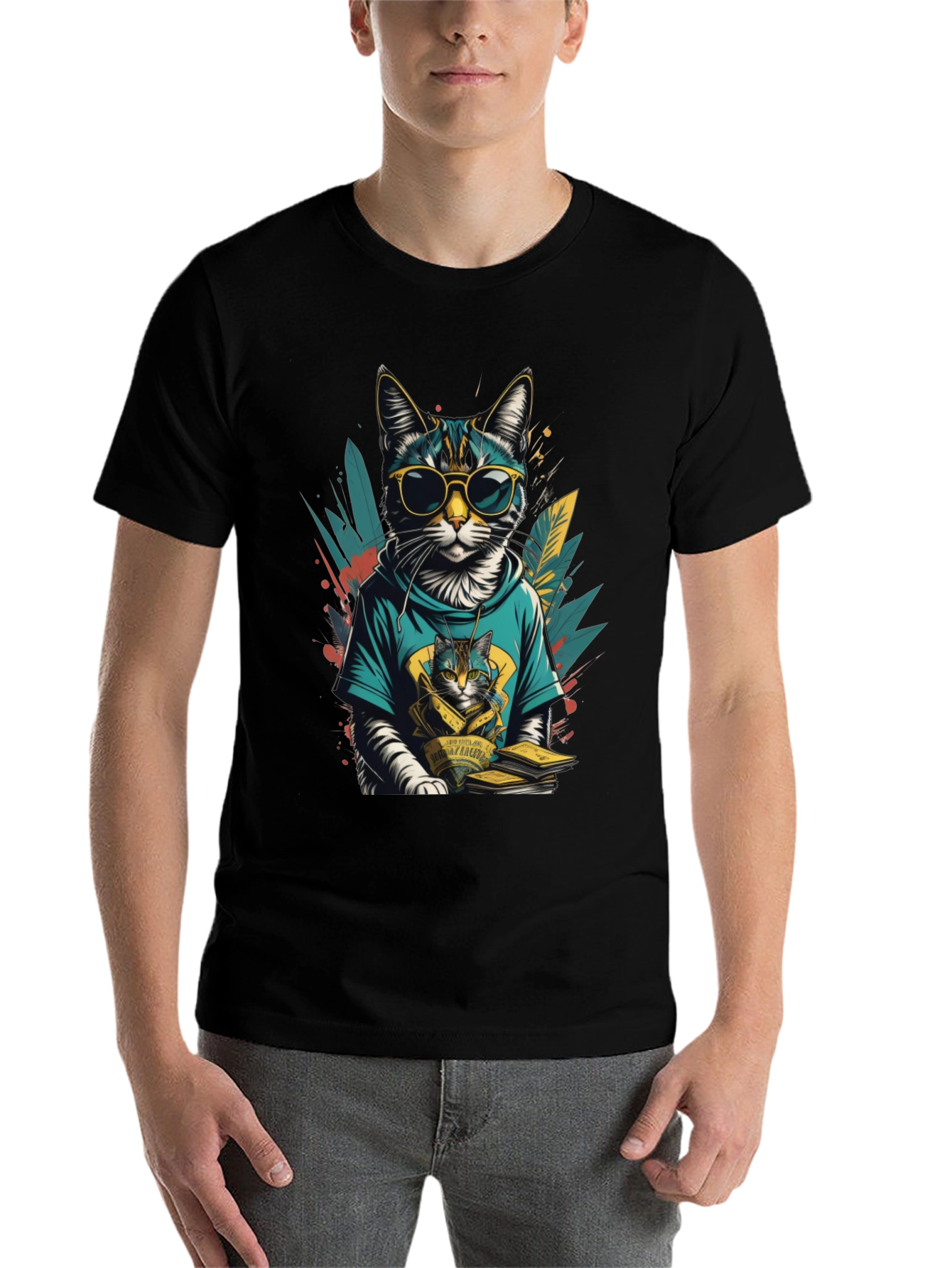 Black Cool Cat Graphic Tee - Stylish & Unique view 7