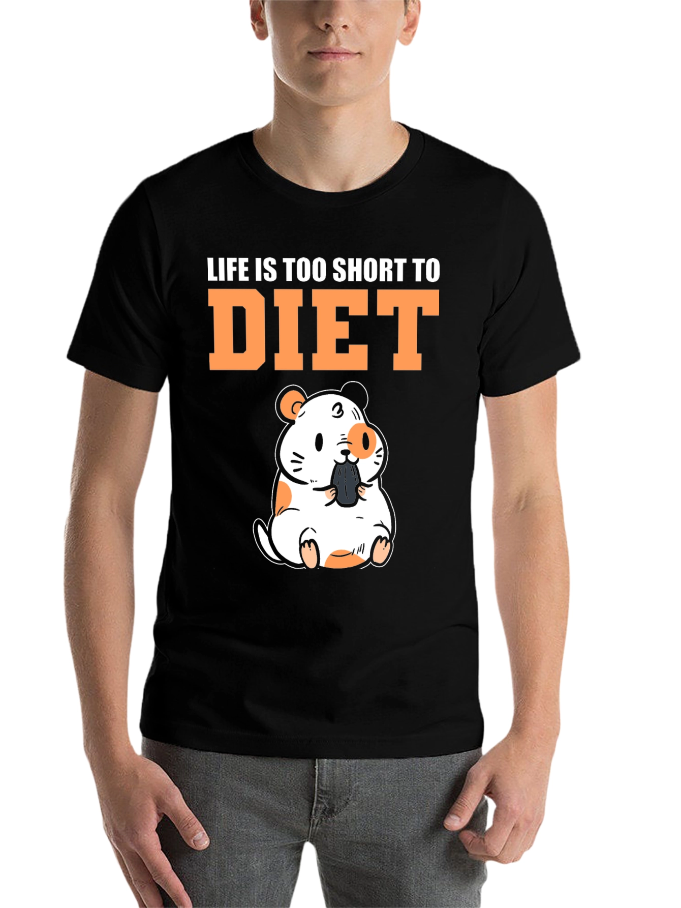 Black Funny Hamster "Life is Too Short to Diet" Black T-Shirt view 7