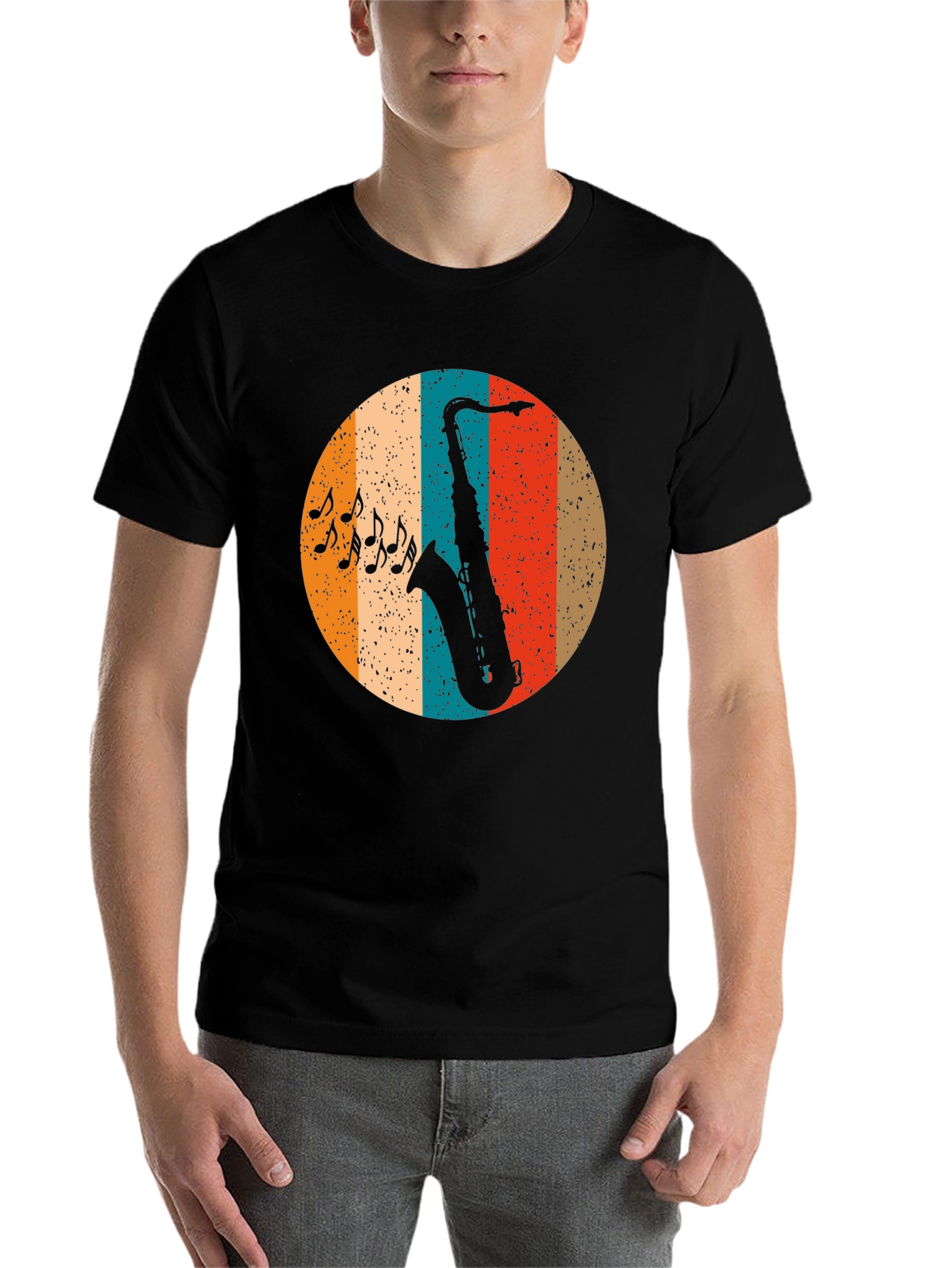 Black Retro Saxophone Music T-Shirt view 7