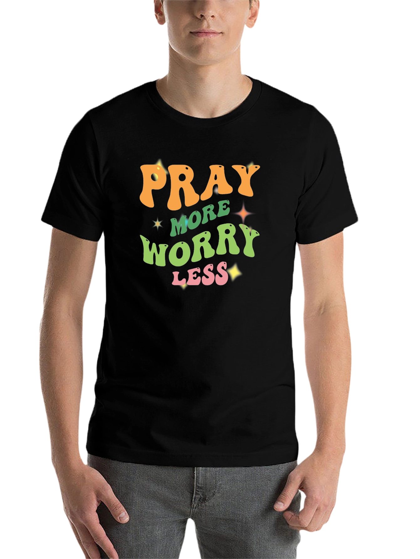 Black Pray More Worry Less Black T-Shirt view 7