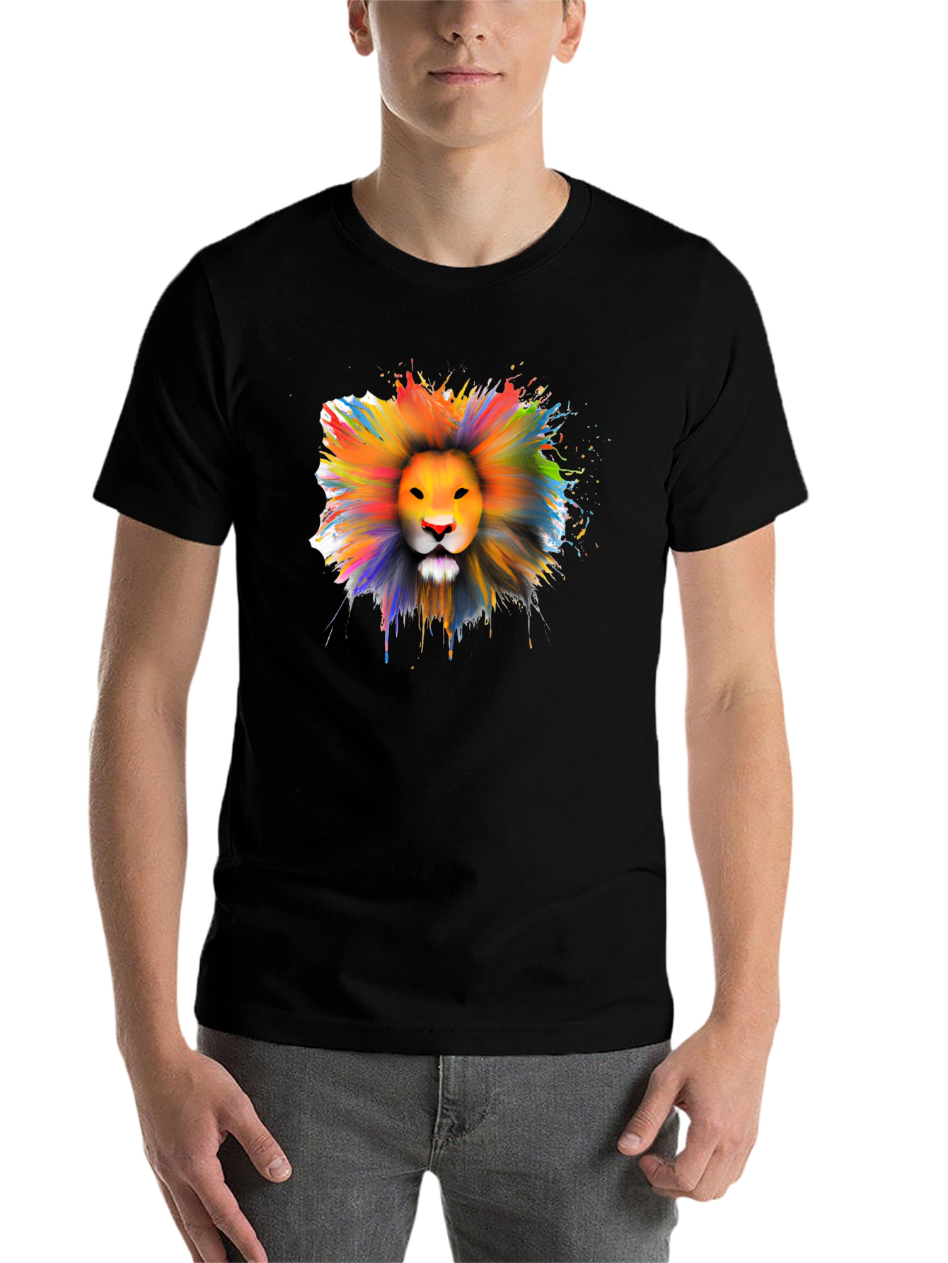 Black Colorful Lion Graphic T-Shirt - Artistic Crew Neck Tee view 7