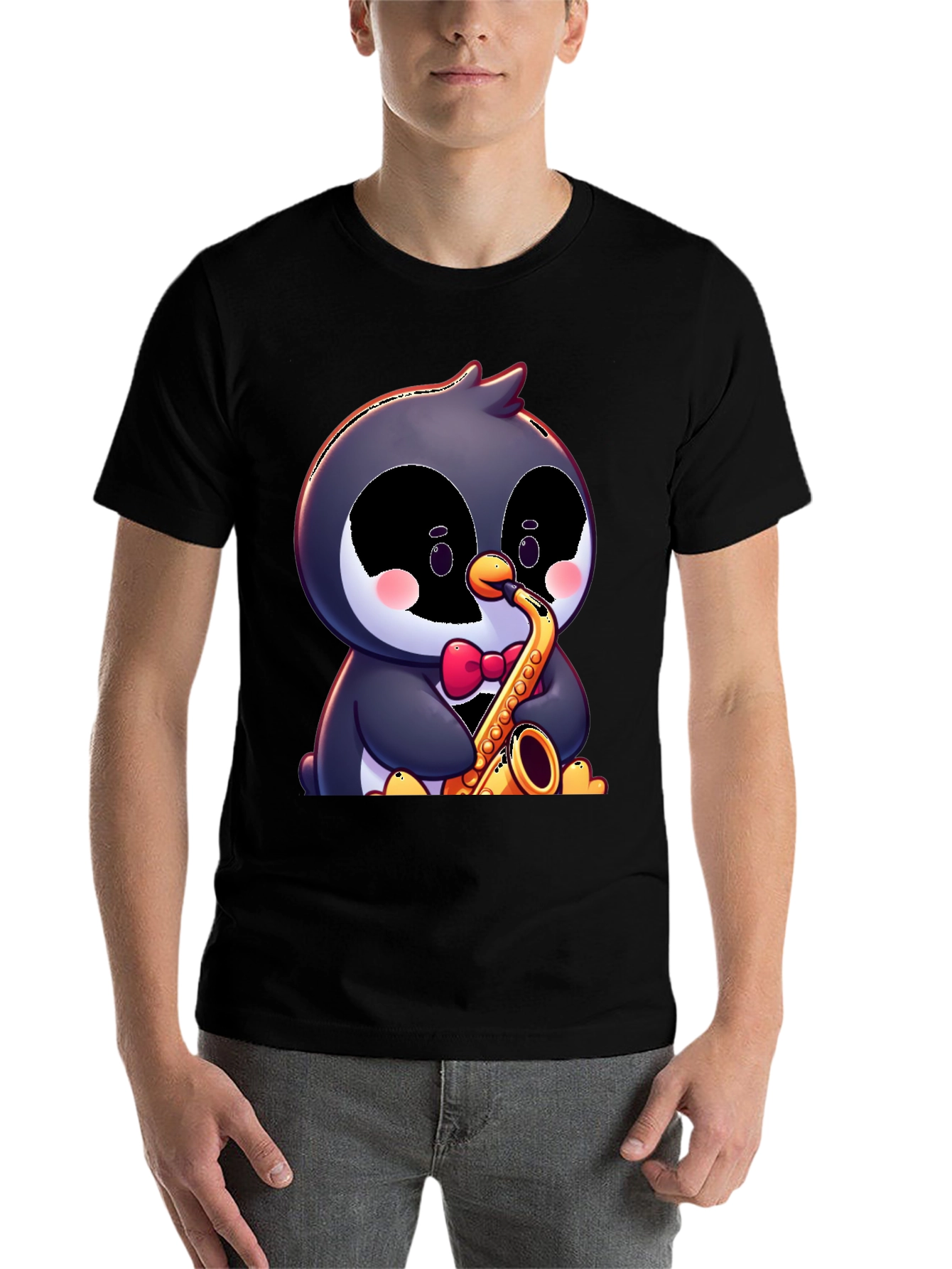 Black Penguin Saxophone T-Shirt - Fun Cartoon Design view 7