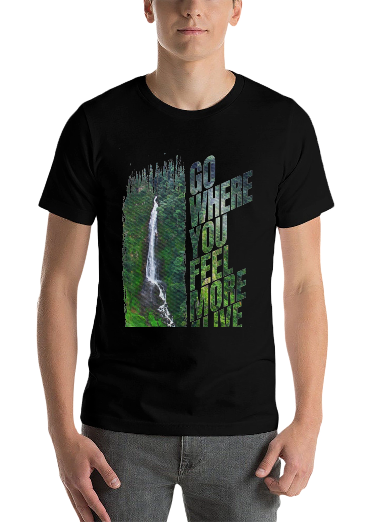 Black Waterfall Graphic Tee - 'Go Where You Feel More Alive' view 7