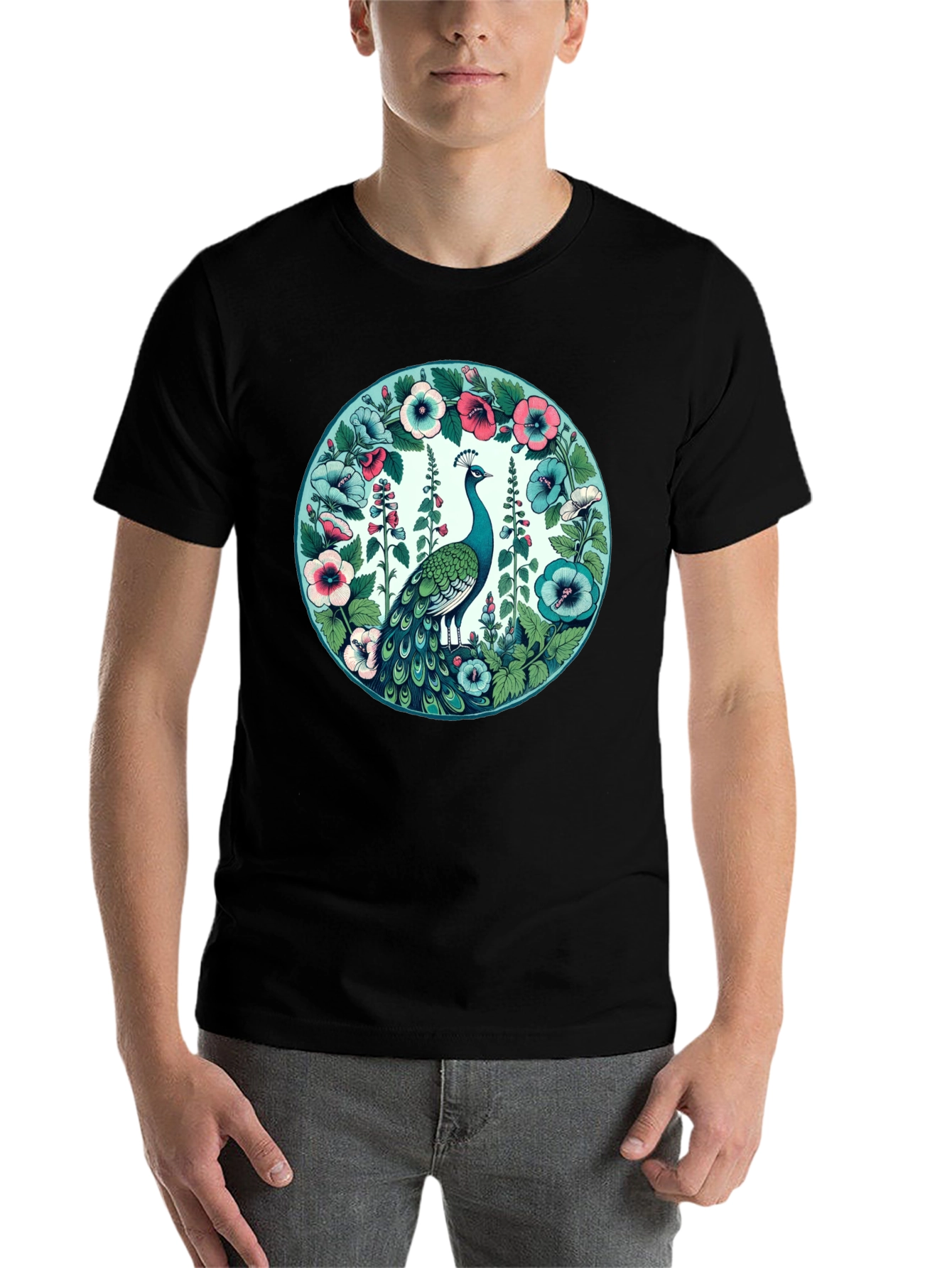 Black Peacock Floral Graphic Tee - Black Cotton T-Shirt view 7