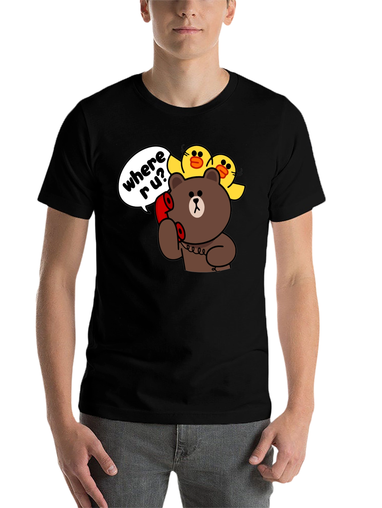 Black Cartoon Bear & Duck Graphic T-Shirt view 7