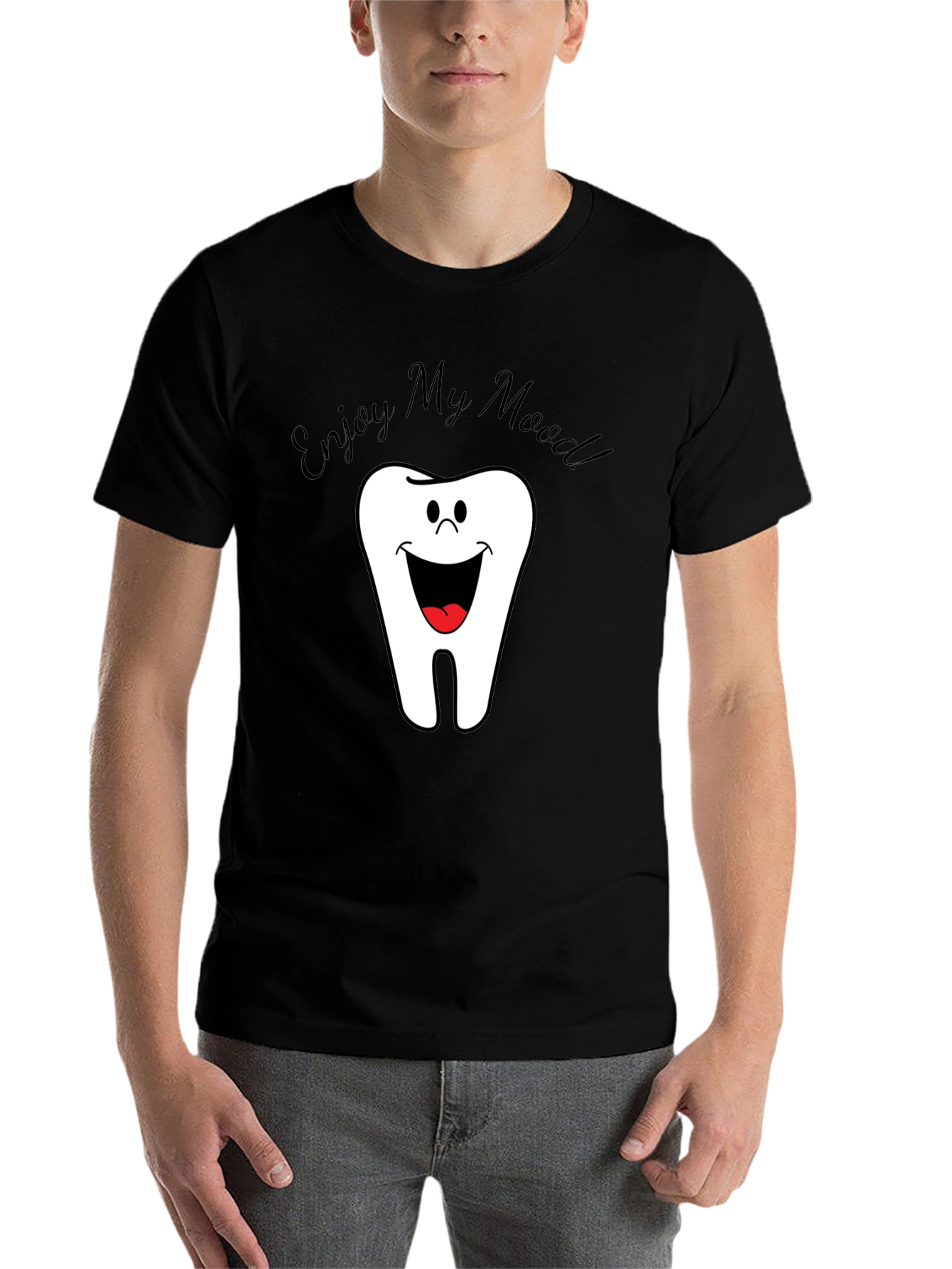 Black Funny Tooth Cartoon Men's Black T-Shirt view 7
