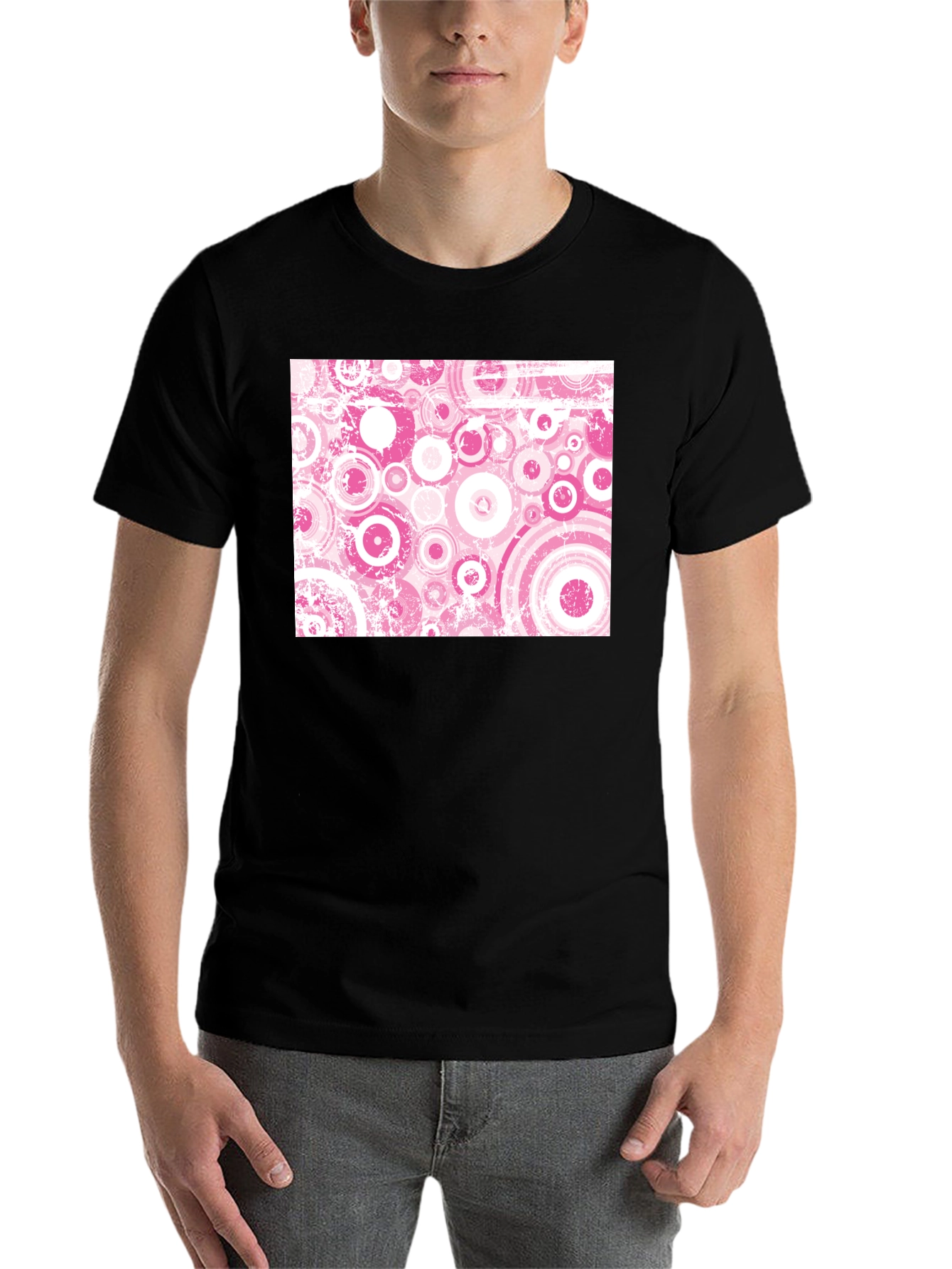 Black Retro Pink Circle Pattern Black T-Shirt view 7