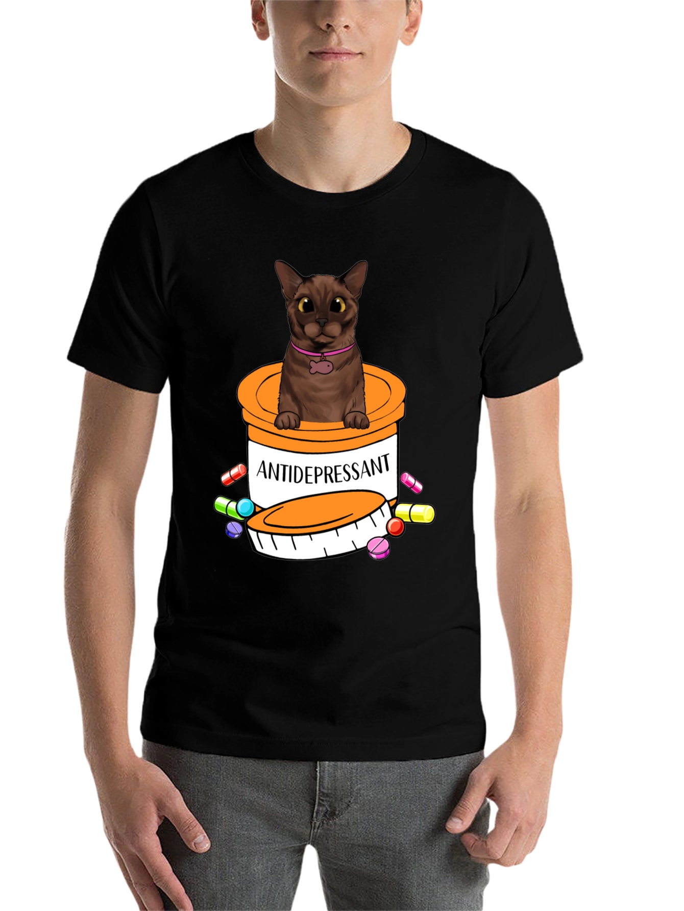 Black Cat Antidepressant Pill Bottle Graphic Tee view 7