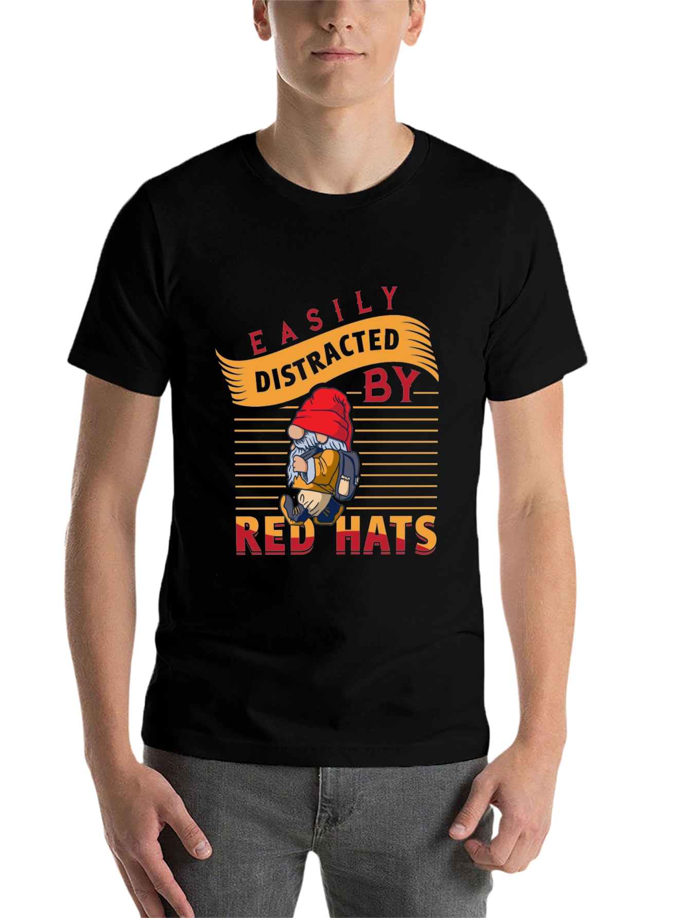 Black Easily Distracted by Red Hats T-Shirt - Novelty Gnome Design view 7