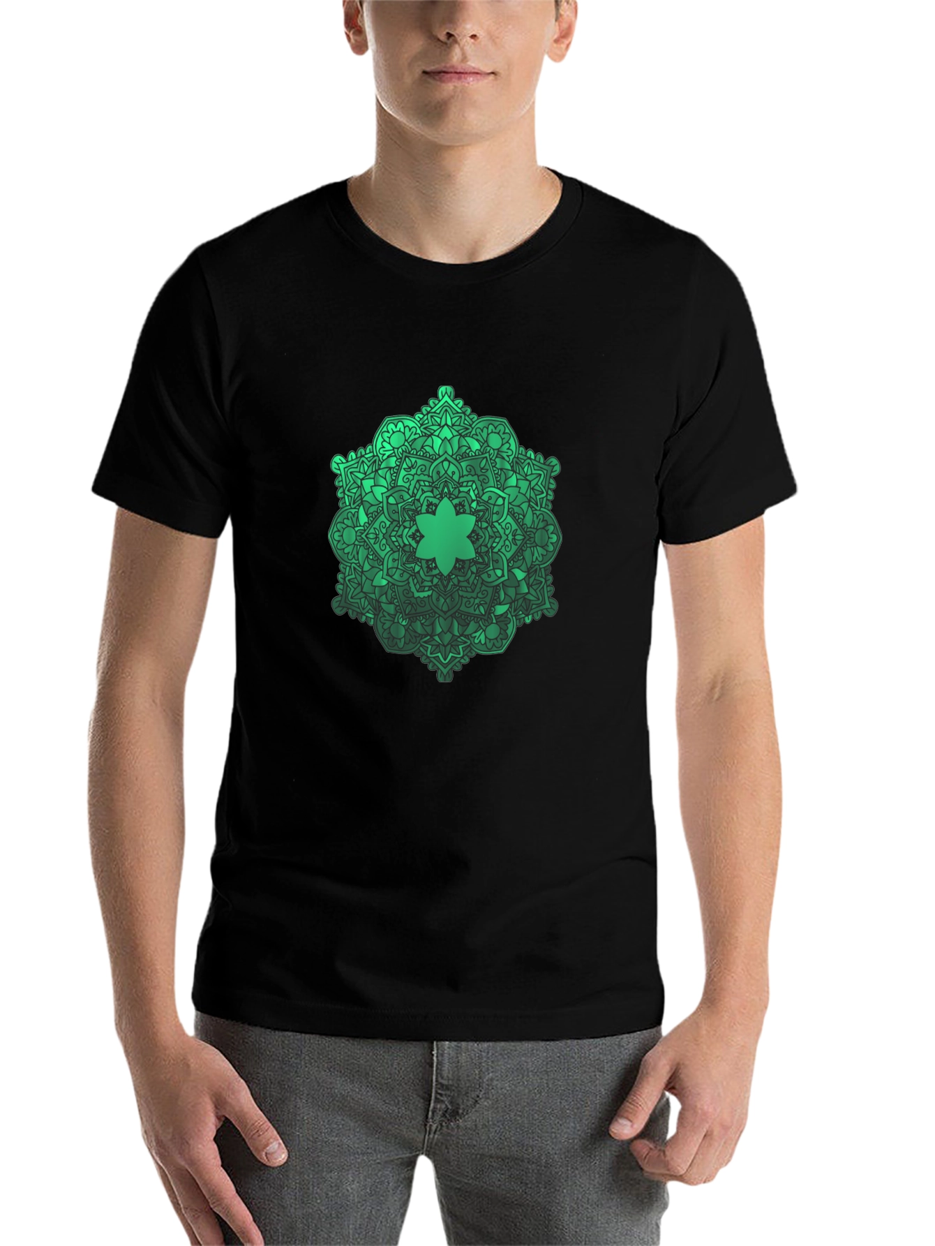 Black Green Mandala Graphic Black T-Shirt view 7