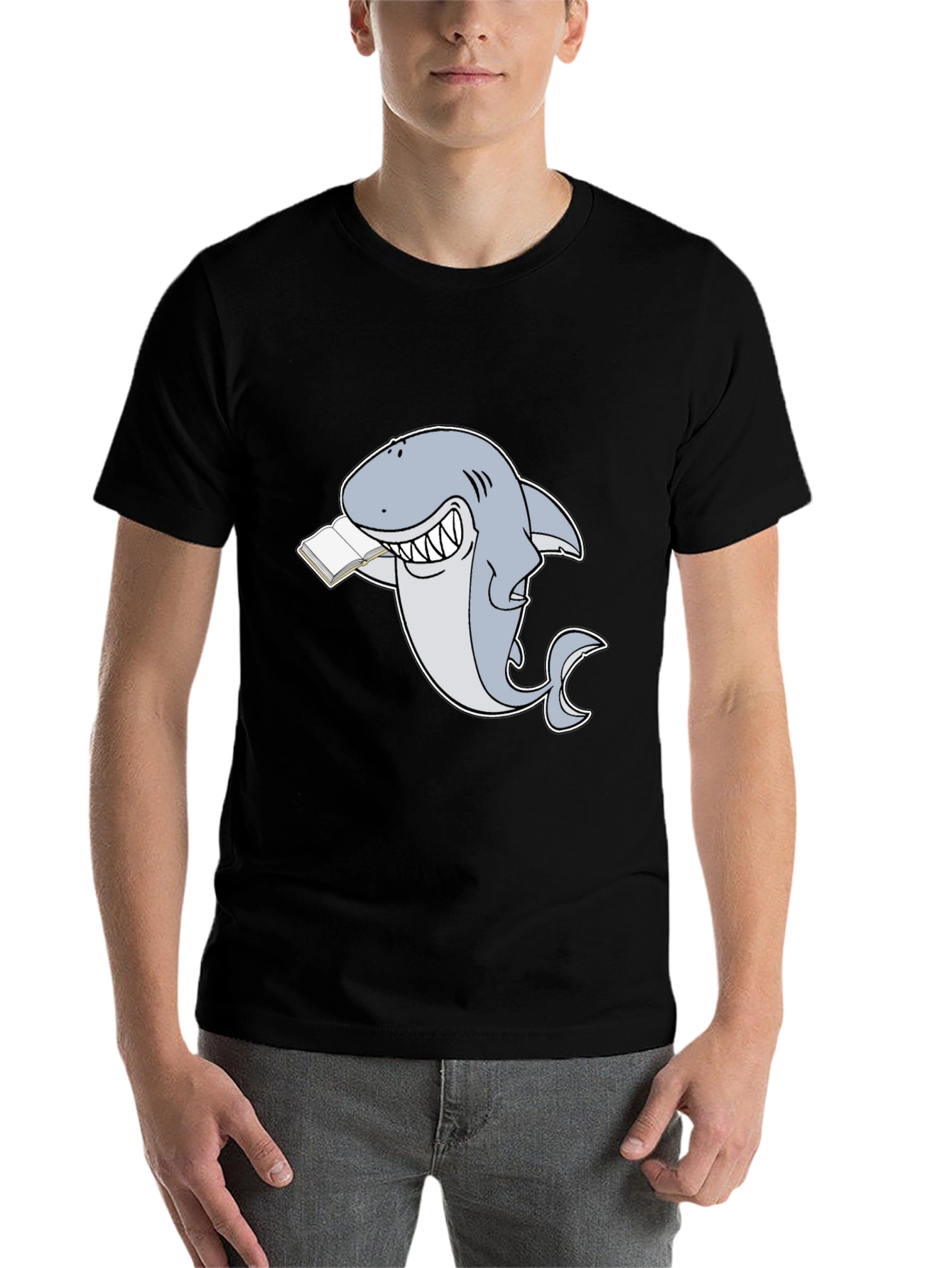 Black Funny Reading Shark T-Shirt - Black view 7