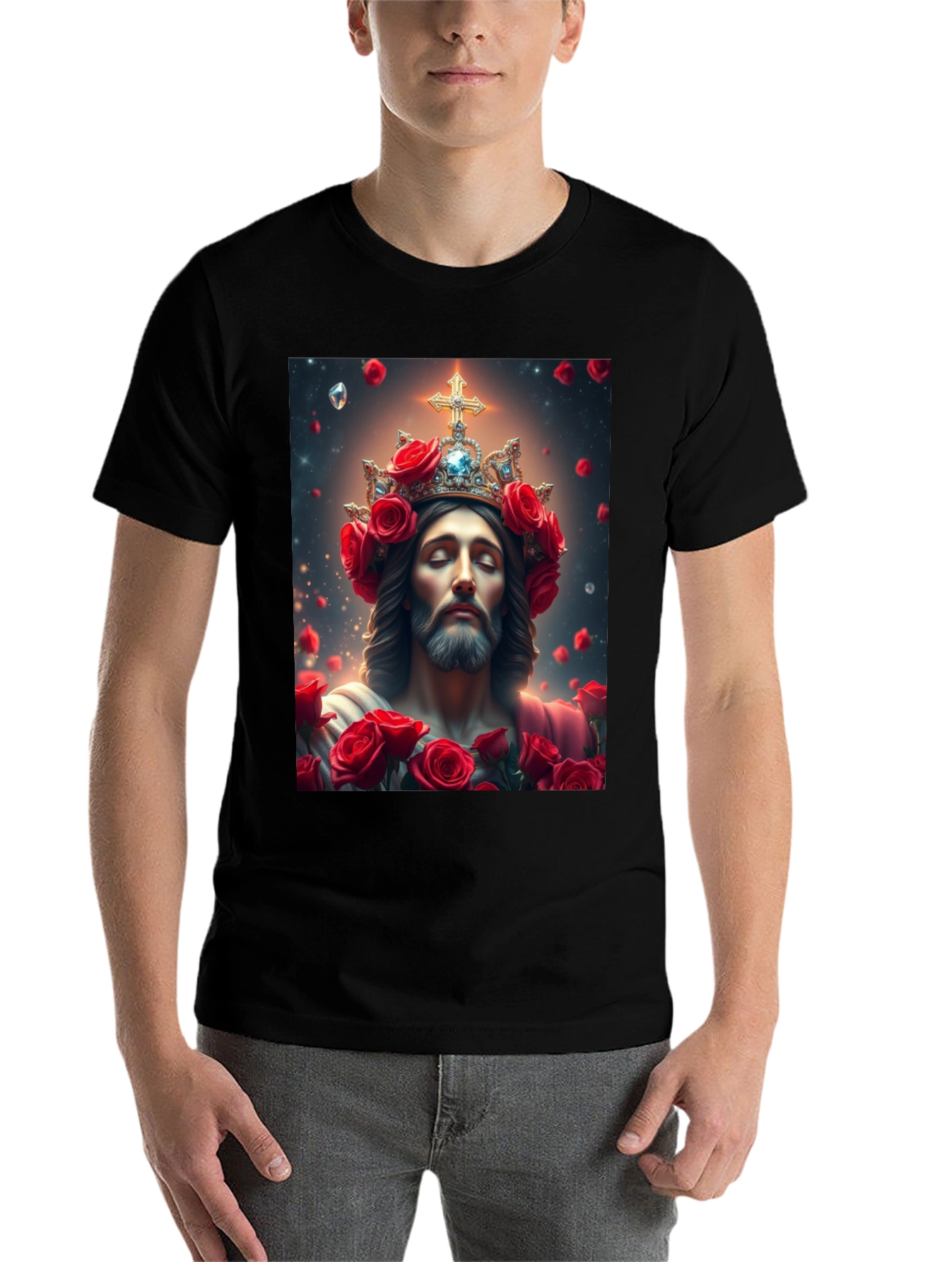 Black Jesus with Roses Graphic T-Shirt - Divine Apparel view 7