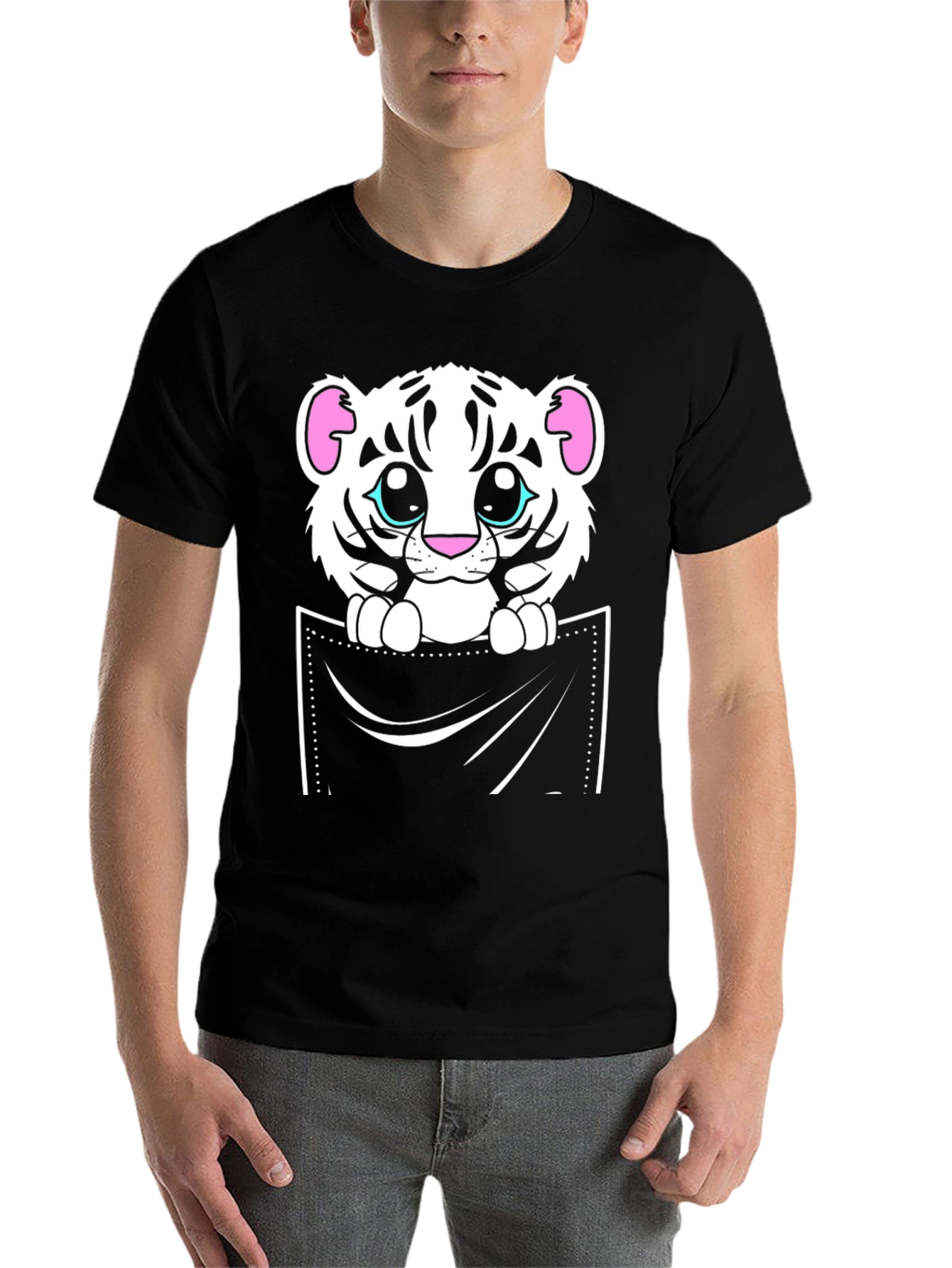 Black Cute White Tiger Pocket T-Shirt view 7
