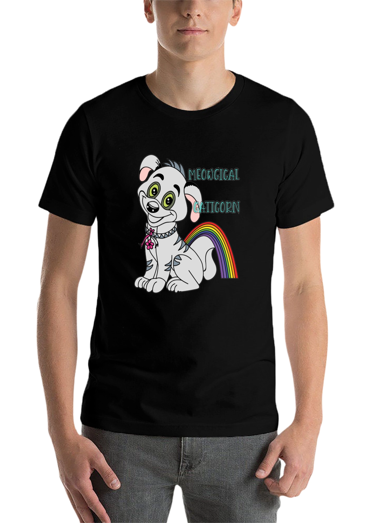 Black Meowgical Gaticorn Black T-Shirt view 7