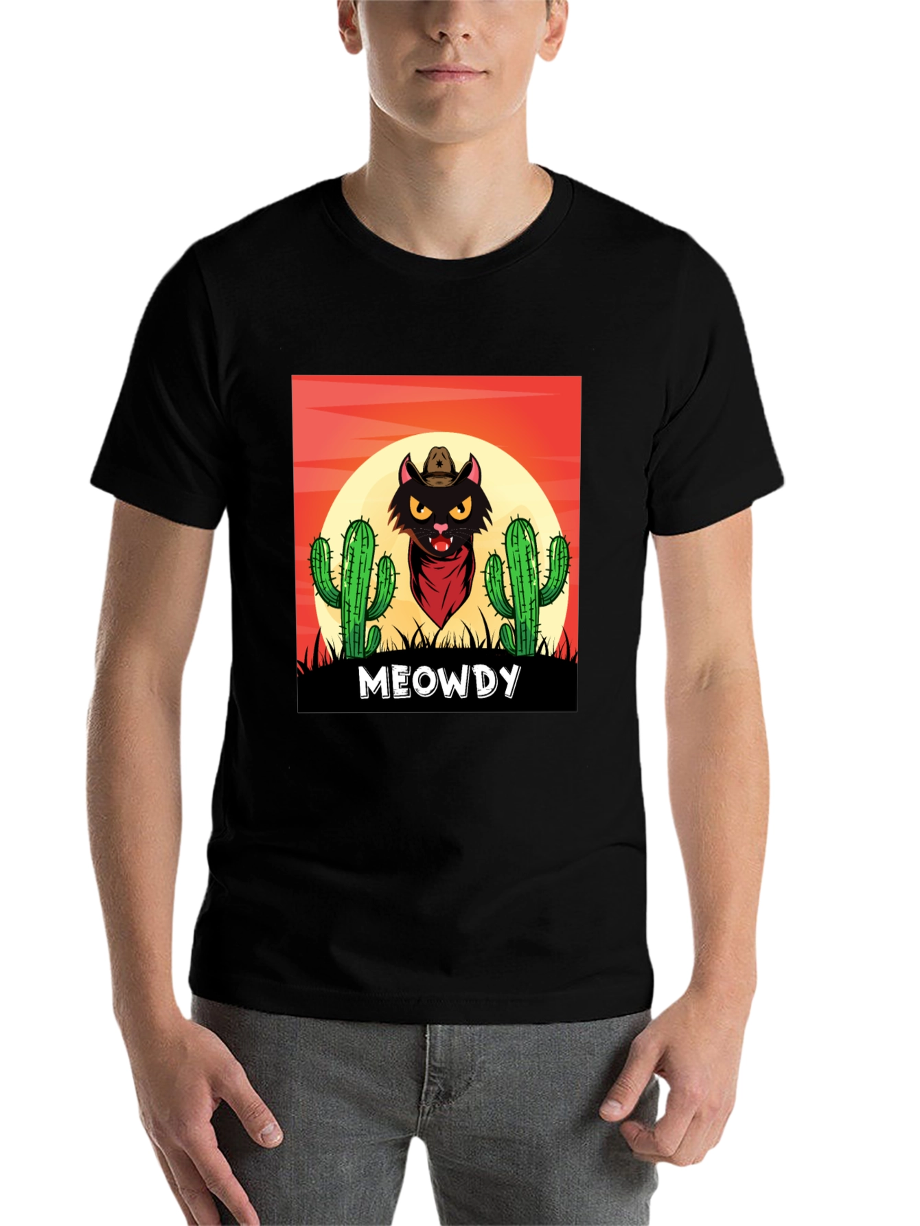 Black Meowdy Black Cat Cowboy Graphic T-Shirt view 7