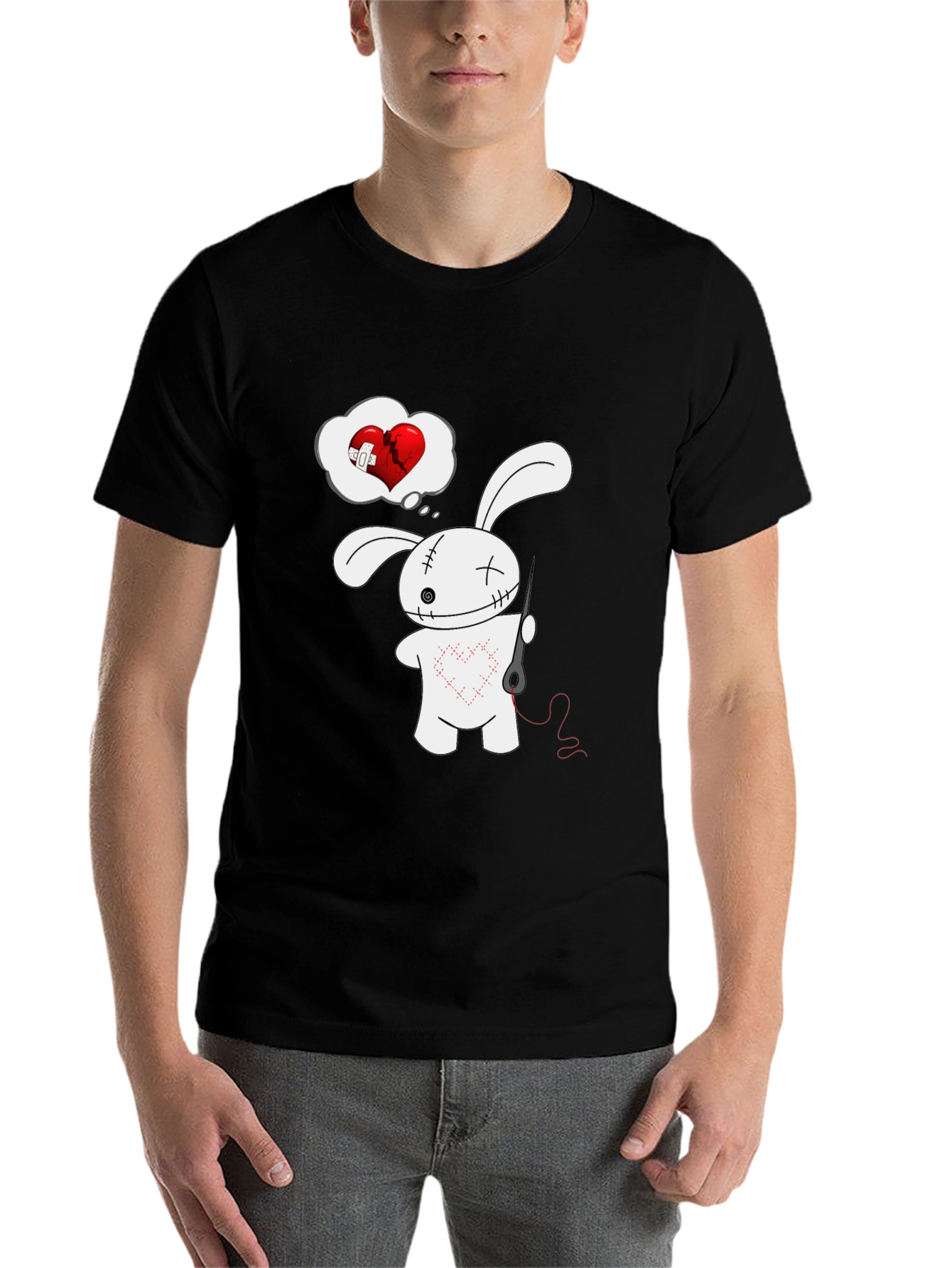 Black Stitched Heart Bunny Graphic Tee - Black Cotton Shirt view 7