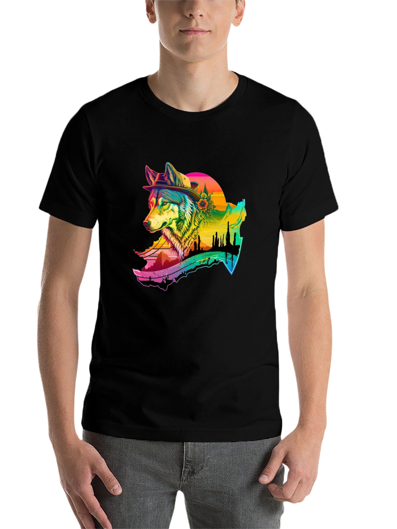 Black Wolf Graphic Black T-Shirt - Colorful Design view 7