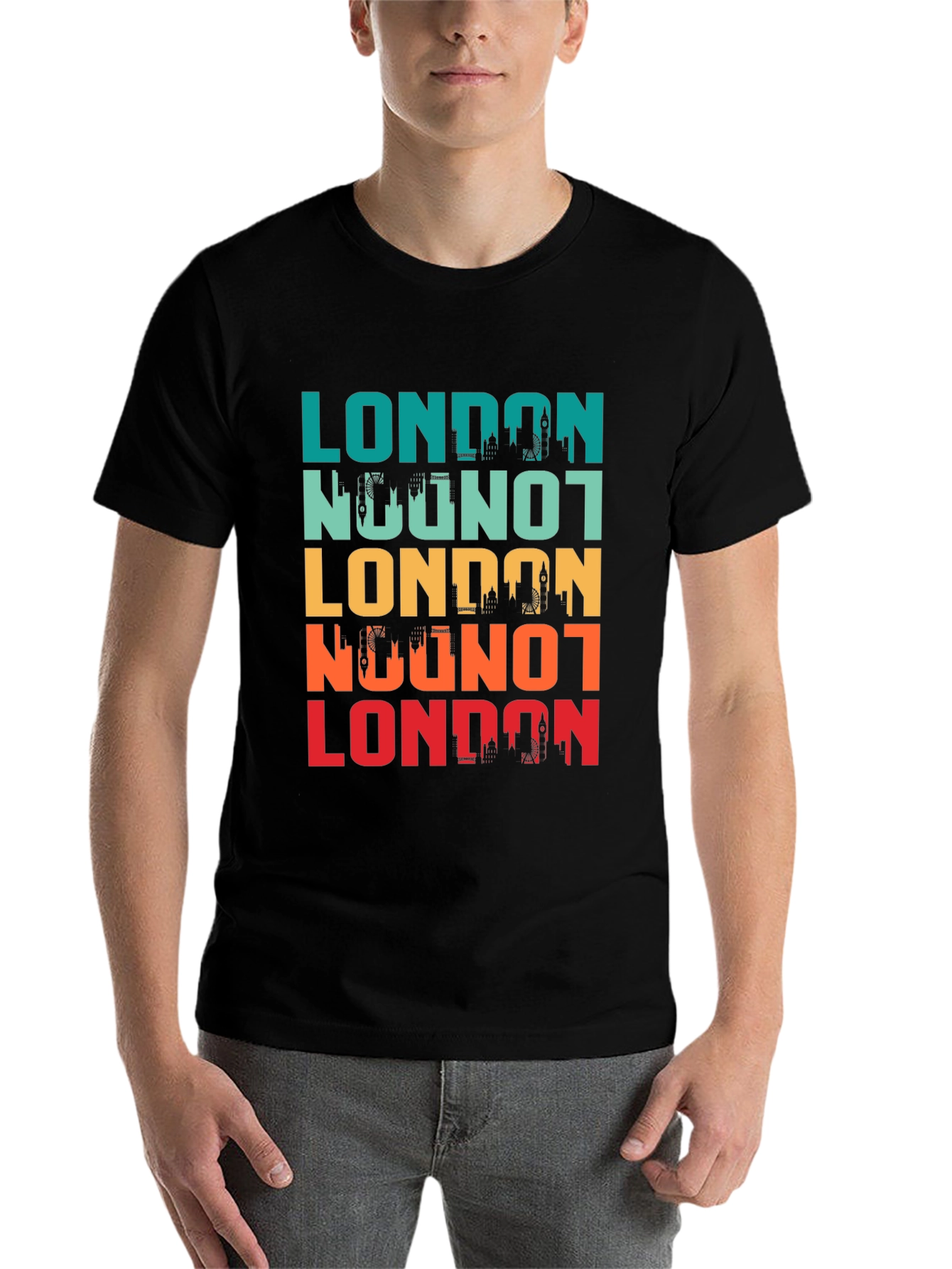 Black London Skyline Retro Graphic T-Shirt view 7