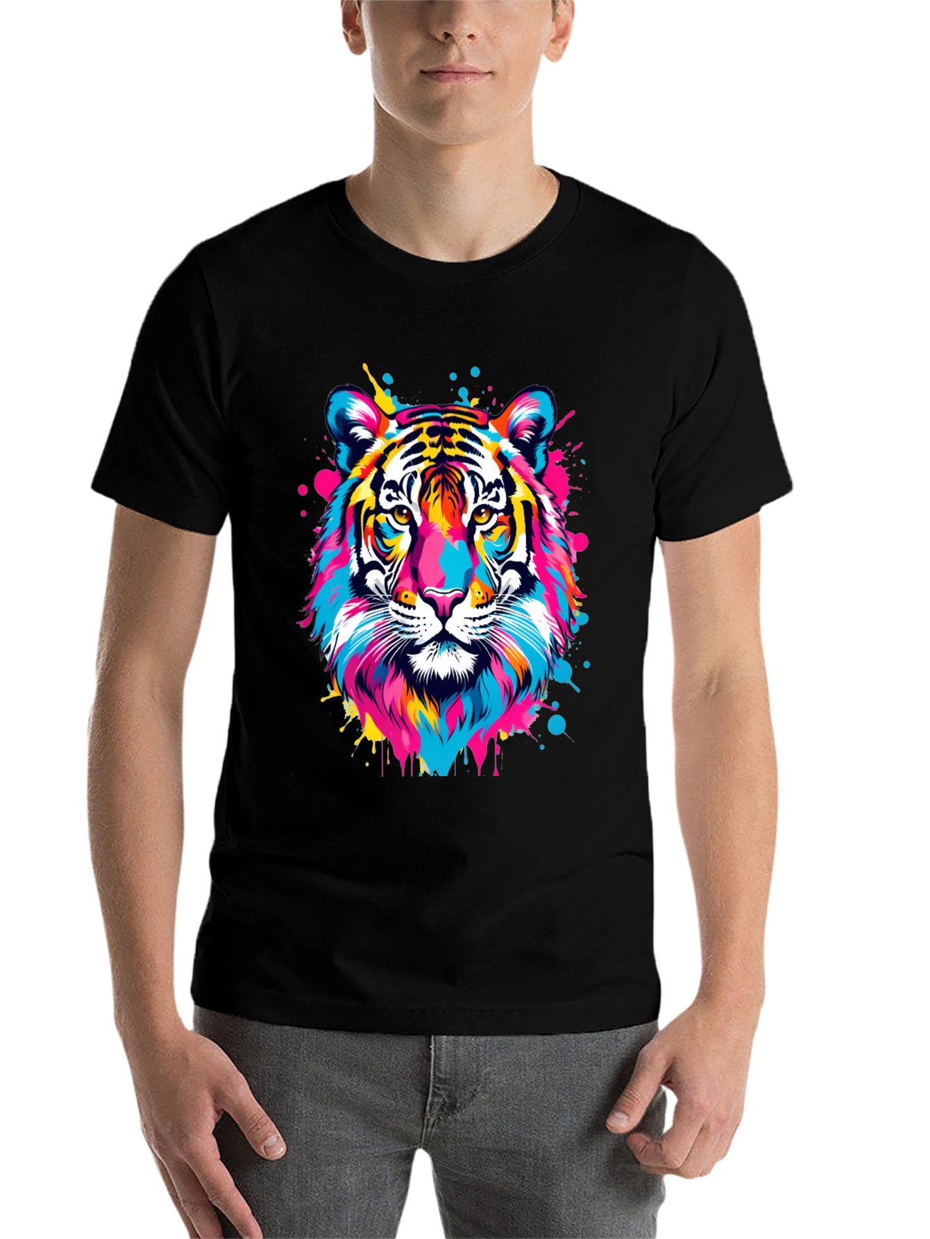 Black Colorful Tiger Graphic Print Black T-Shirt view 7