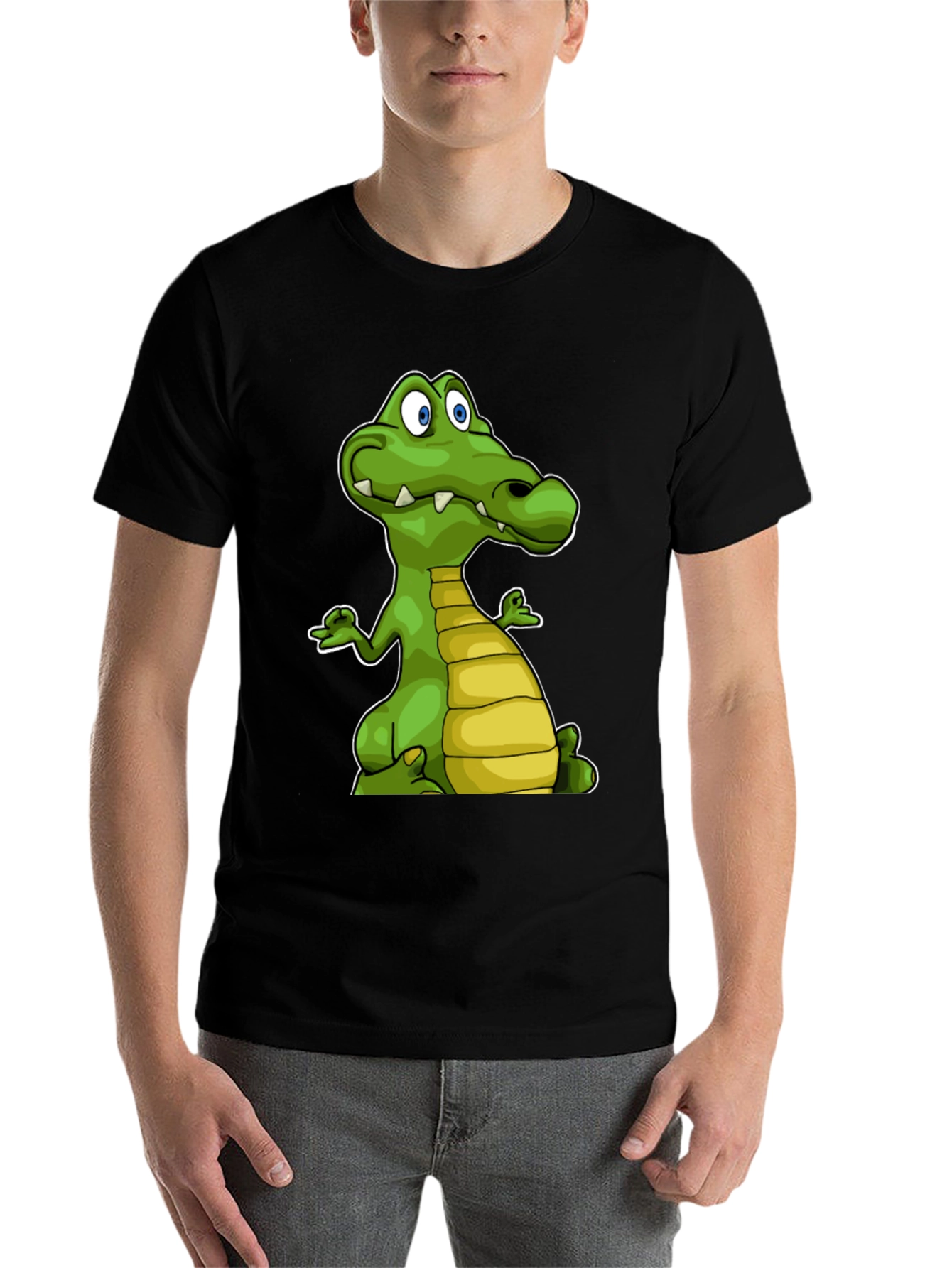 Black Cartoon Crocodile Graphic Tee - Black Cotton T-Shirt view 7