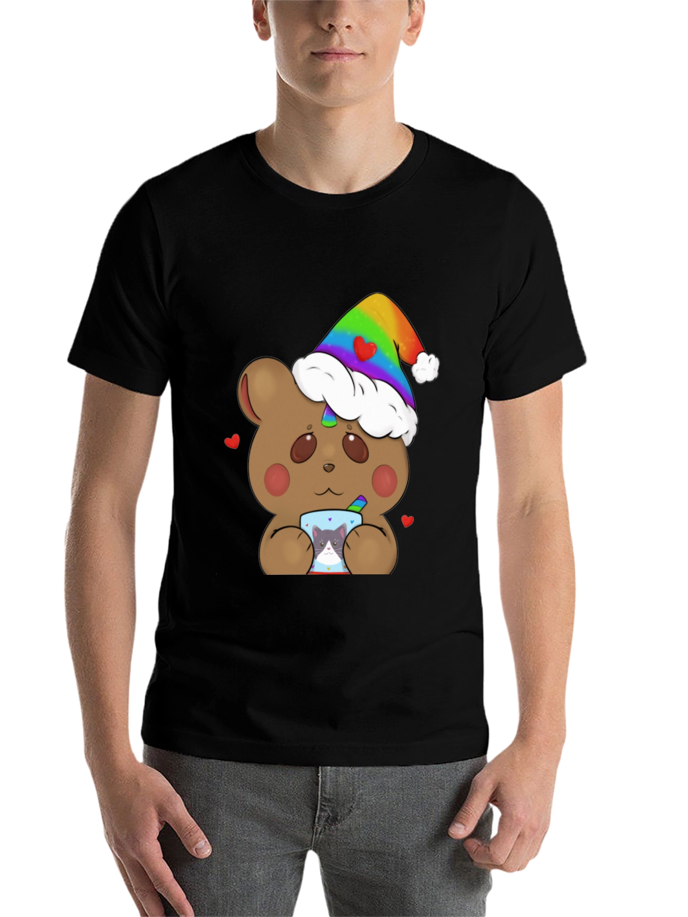 Black Bear with Rainbow Hat & Cat Mug T-Shirt view 7