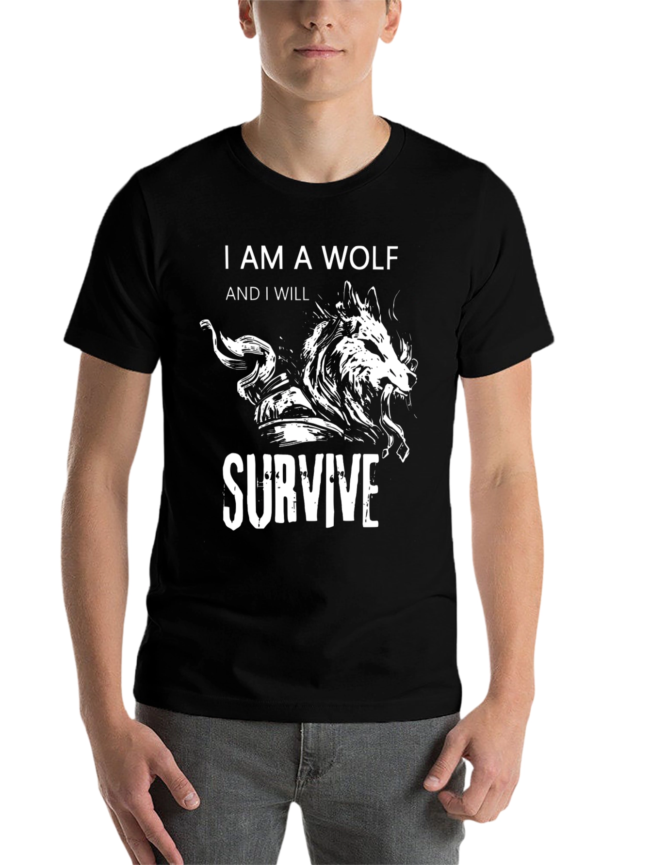 Black Wolf Survive Graphic Tee - Black Cotton T-Shirt view 7