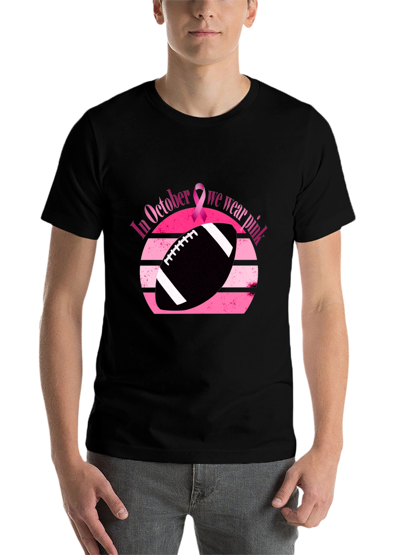 Black October Breast Cancer Awareness Football T-Shirt view 7