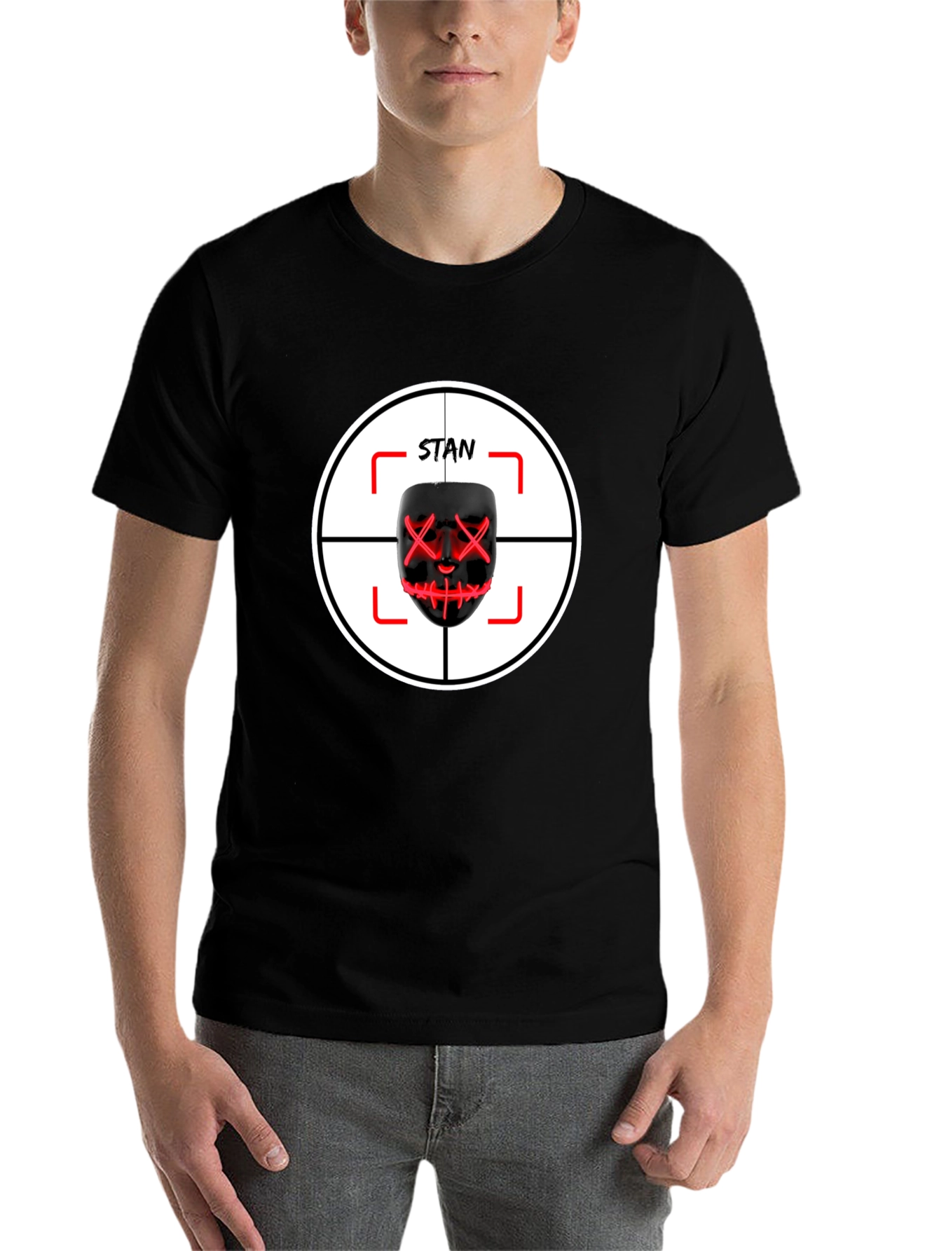 Black Stan Mask T-Shirt: Target Design - Unique Fan Apparel view 7