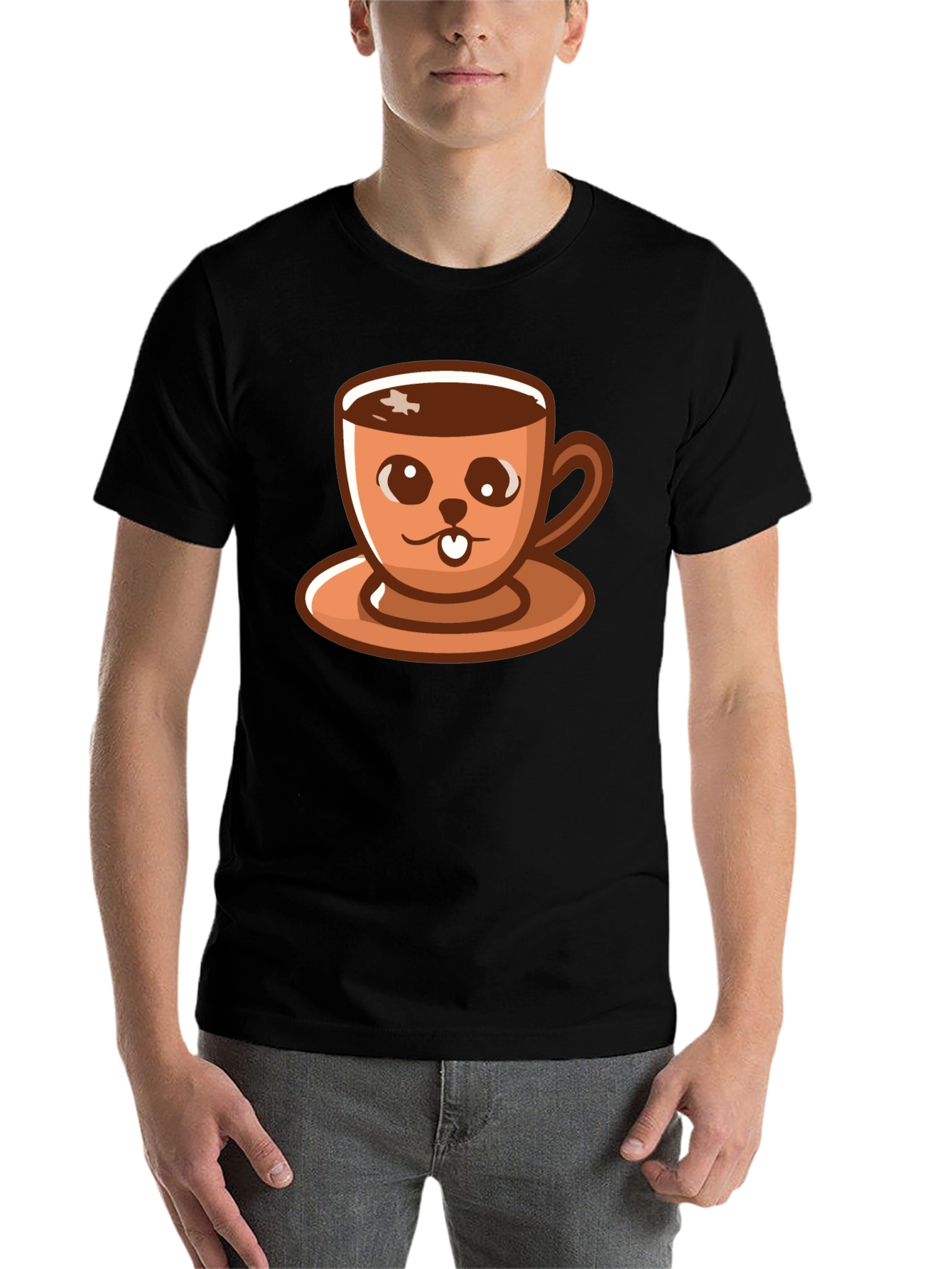 Black Cute Coffee Cup Cartoon T-Shirt view 7