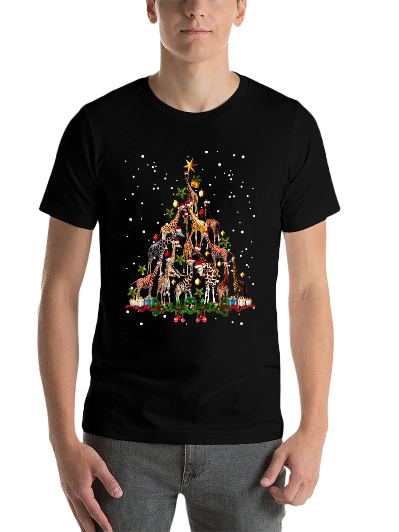 Black Giraffe Christmas Tree Crew Neck T-Shirt view 7