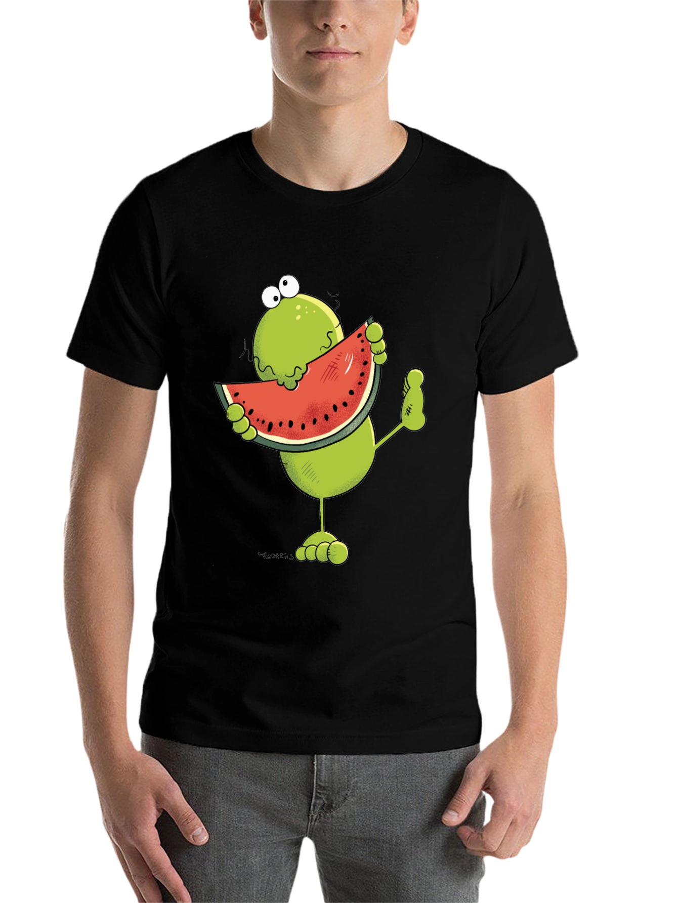 Black Frog Eating Watermelon Funny Graphic T-Shirt view 7