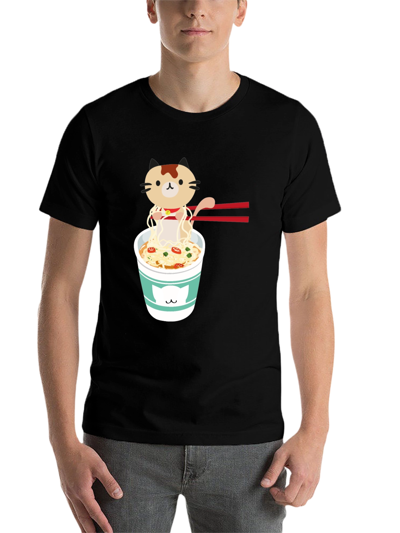 Black Cute Cat Ramen T-Shirt view 7